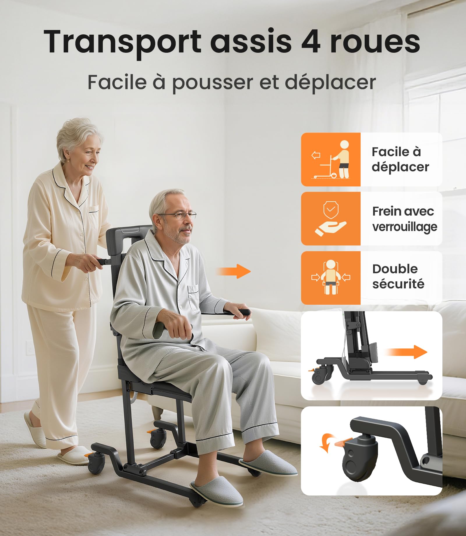 VOCIC AX35 Aide au relevage avec Transfert, roulettes et Freins | Senior domicile, aide après chute, lève-personne transfert, lit canapé fauteuil roulant, 4 roues avec freins compact 160KG