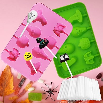 2 Pack Halloween Lollipop Candy Silicone Mold 8 Hole Ghost Pumpkin ghost Witch Hat Shape Mold DIY Cookies Candy Gummy Chocolate Mold Ice Cream Tray