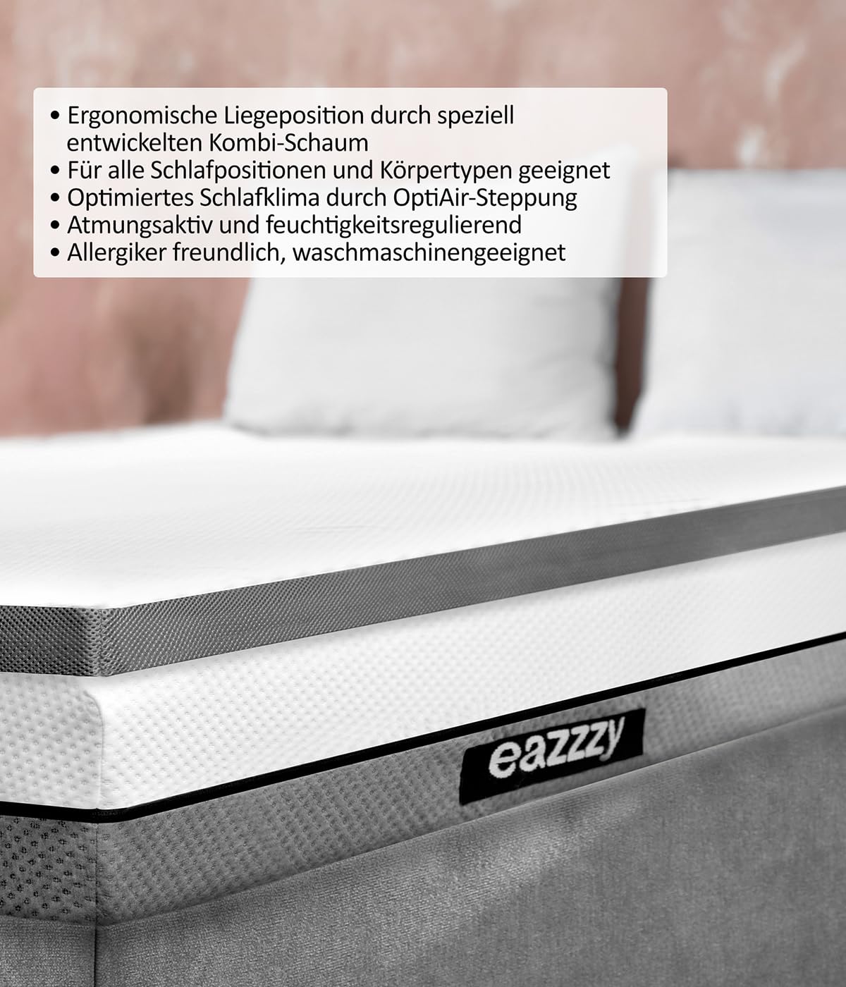 eazzzy Topper Trend - Colchón de 5 cm de Altura, Transpirable, Espuma con Memoria, Apto para alérgicos, con Funda extraíble, 180 x 200 x 5 cm