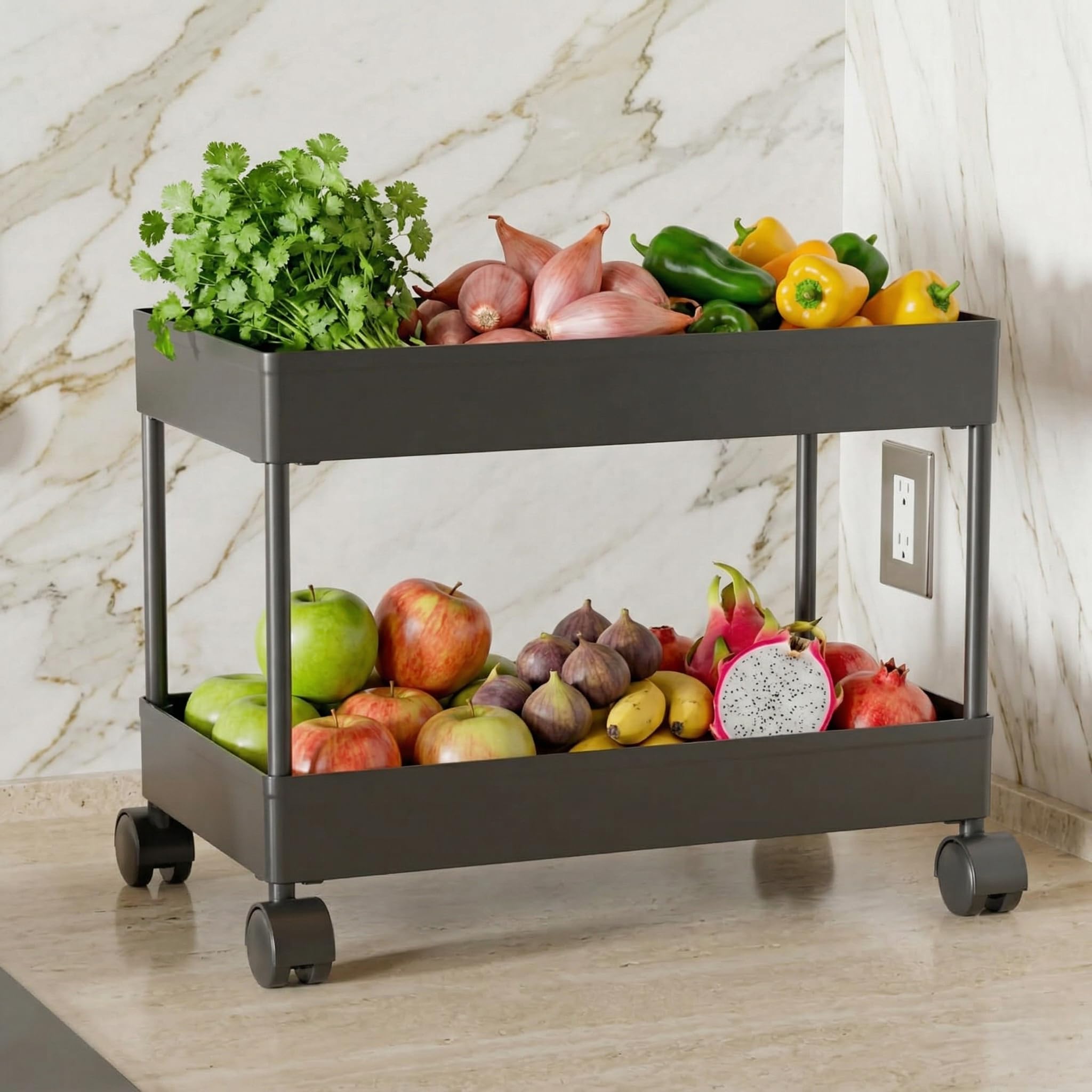 Kitchen Storage Trolley, Plastic Rack with Wheels, Lightweight, Rust-Proof, Space-Saving, for Vegetables, Fruits and Daily Essentials (Black, 2-leyer)-picture-18