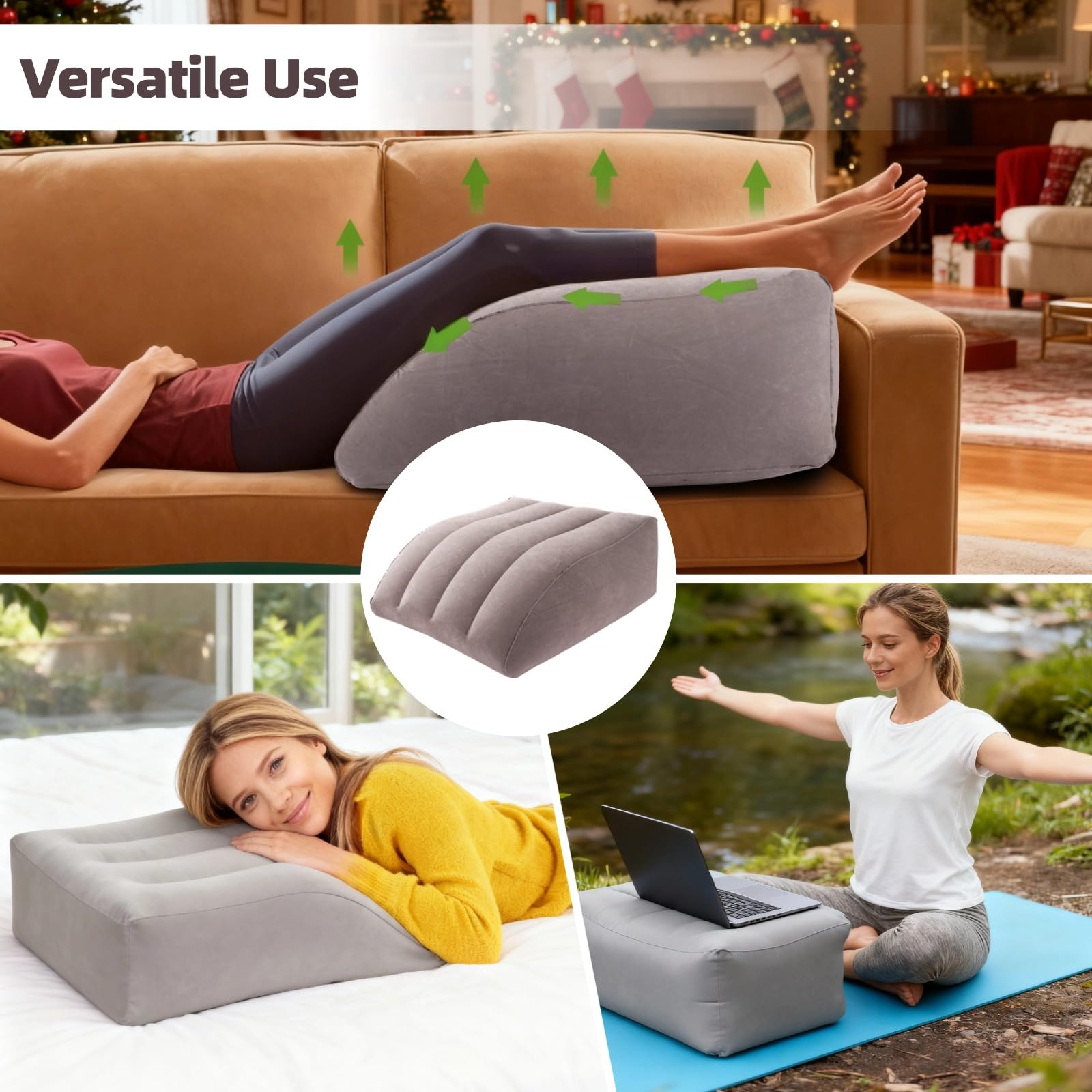 Oreiller gonflable pour surélever les jambes avec sac de rangement, coussin cale à 45° avec pompe à air, gris, repose-jambes après opération pour soutien des genoux et du dos, 25,6 x 22,8 x 9,8 in