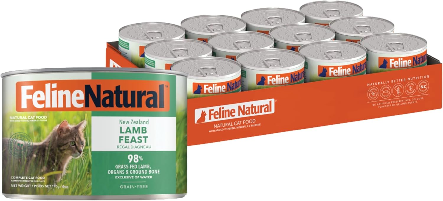 Feline Natural New Zealand Canned Catfood Wet Food, High-Meat, Low-Carb, & Grain Free Cat Food Wet, Lamb Feast, 6 oz, Pack of 12