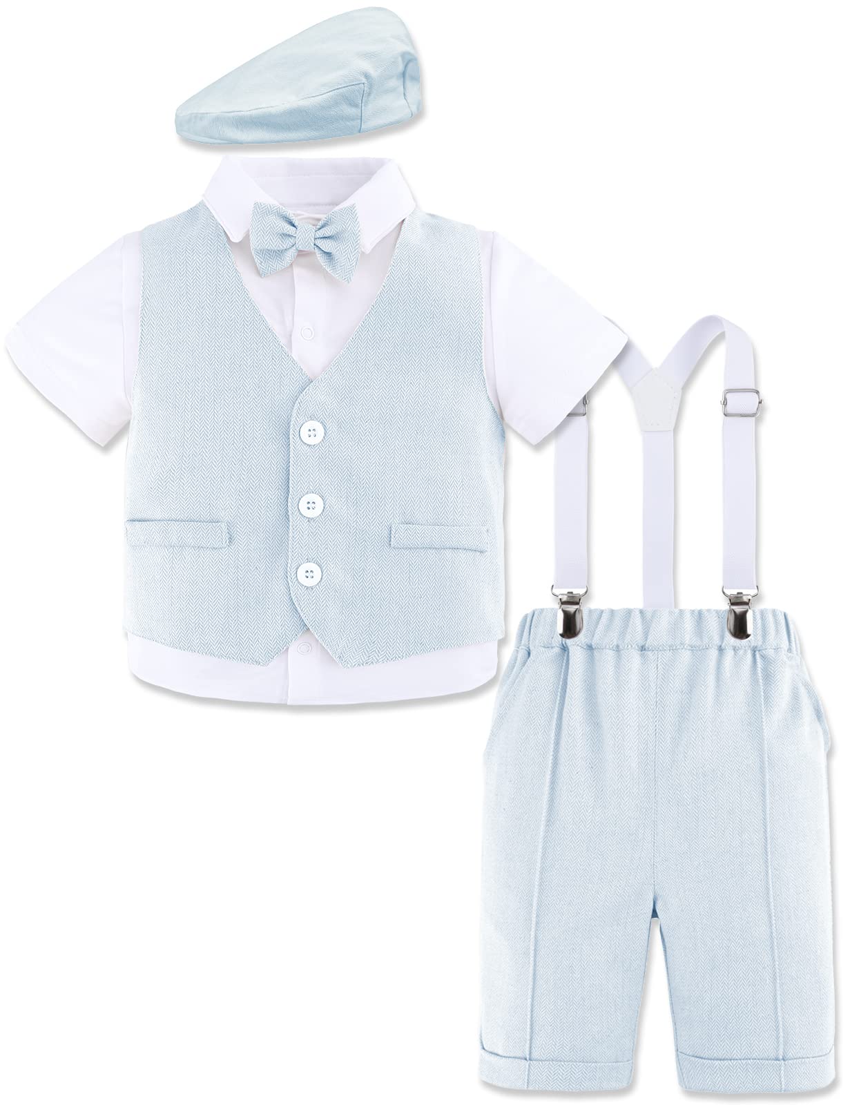 mintgreen Costume Bebe Garcon, Motif à chevrons Ensemble de Vêtements de Mariage Gilet + Chemise + Short + Bonnet Béret, 1-4 Ans