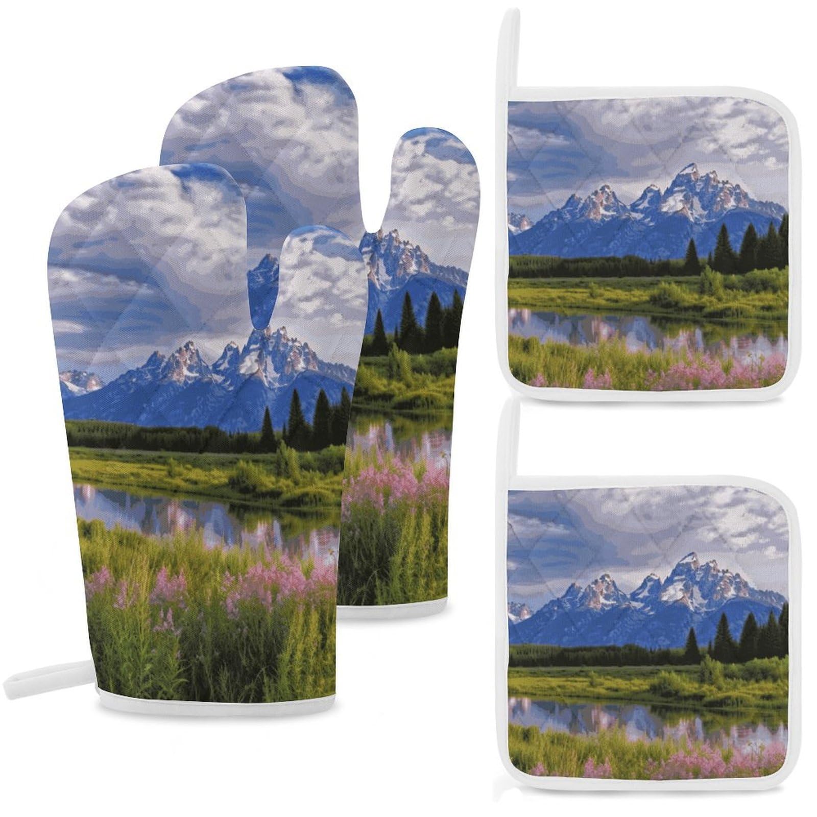 Grand Teton National Park Oven Mitts and Pot Holders Sets Heat Resistant Oven Glove with Hanging Loop for Baking Cooking BBQ Thicken Potholders for Kitchen