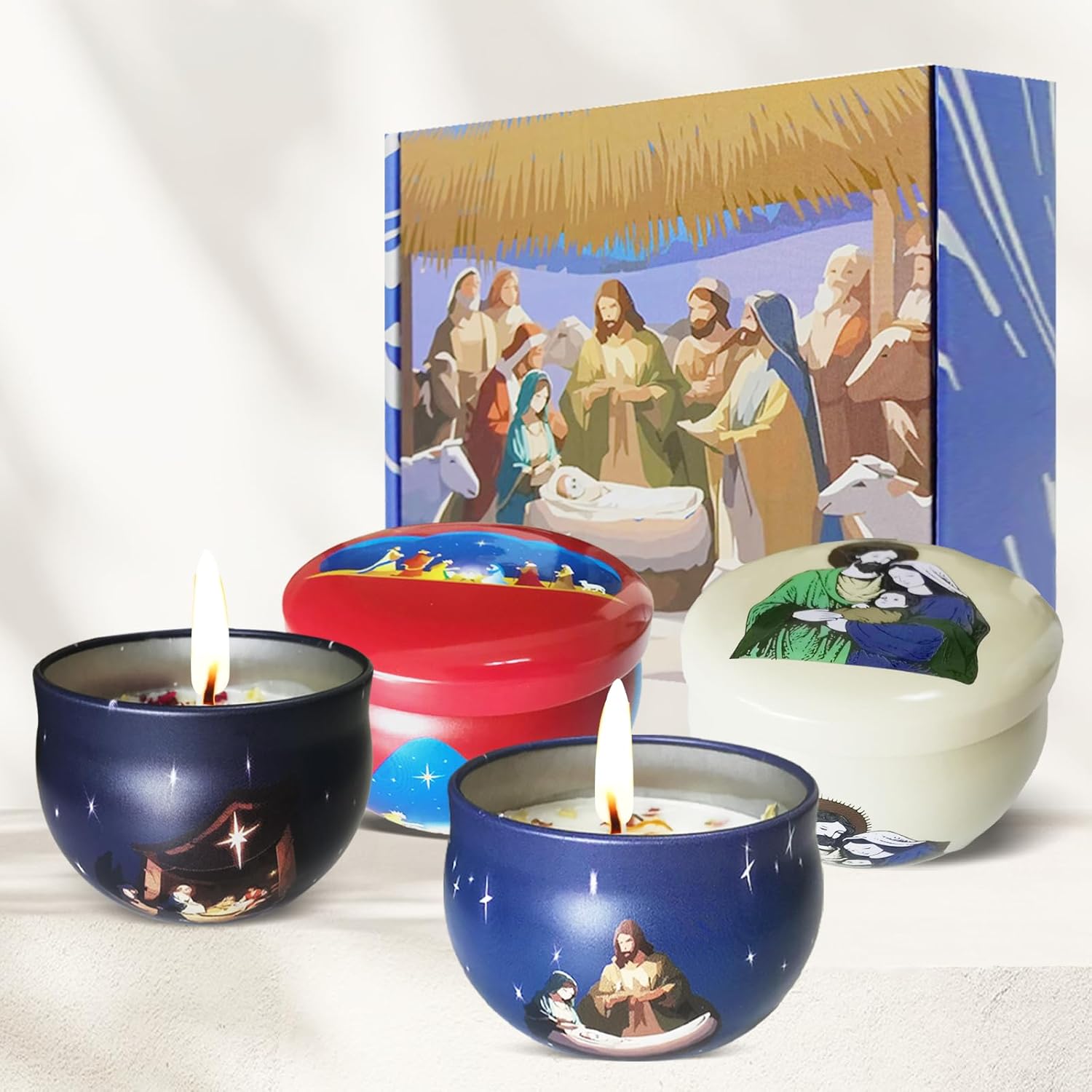Scented Candles Gift Set, Nativity Scene Scented Candles, Jesus Candles Decorations Religious Gifts for Women, Bible Accessories Christmas Small Candles for Women 2.5 Oz 4 Pack