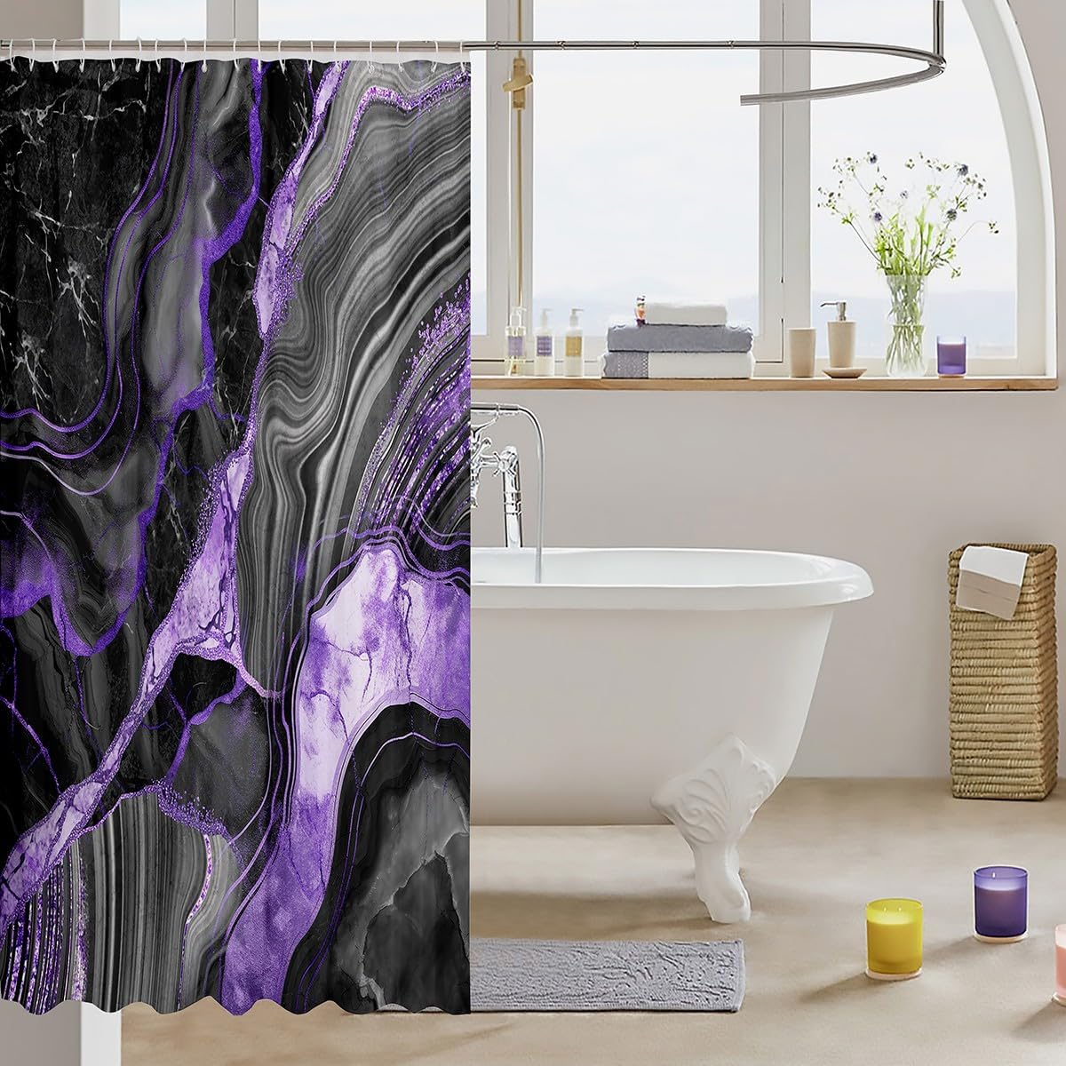 Black Grey Marble Shower Curtain 72"Wx78"L, Purple Marbling Crack Bathroom Shower Curtain Sets, Abstract Metallic Texture Fabric Shower Curtain, Gray Geometric Boho Hippie Fluid Bath Curtain