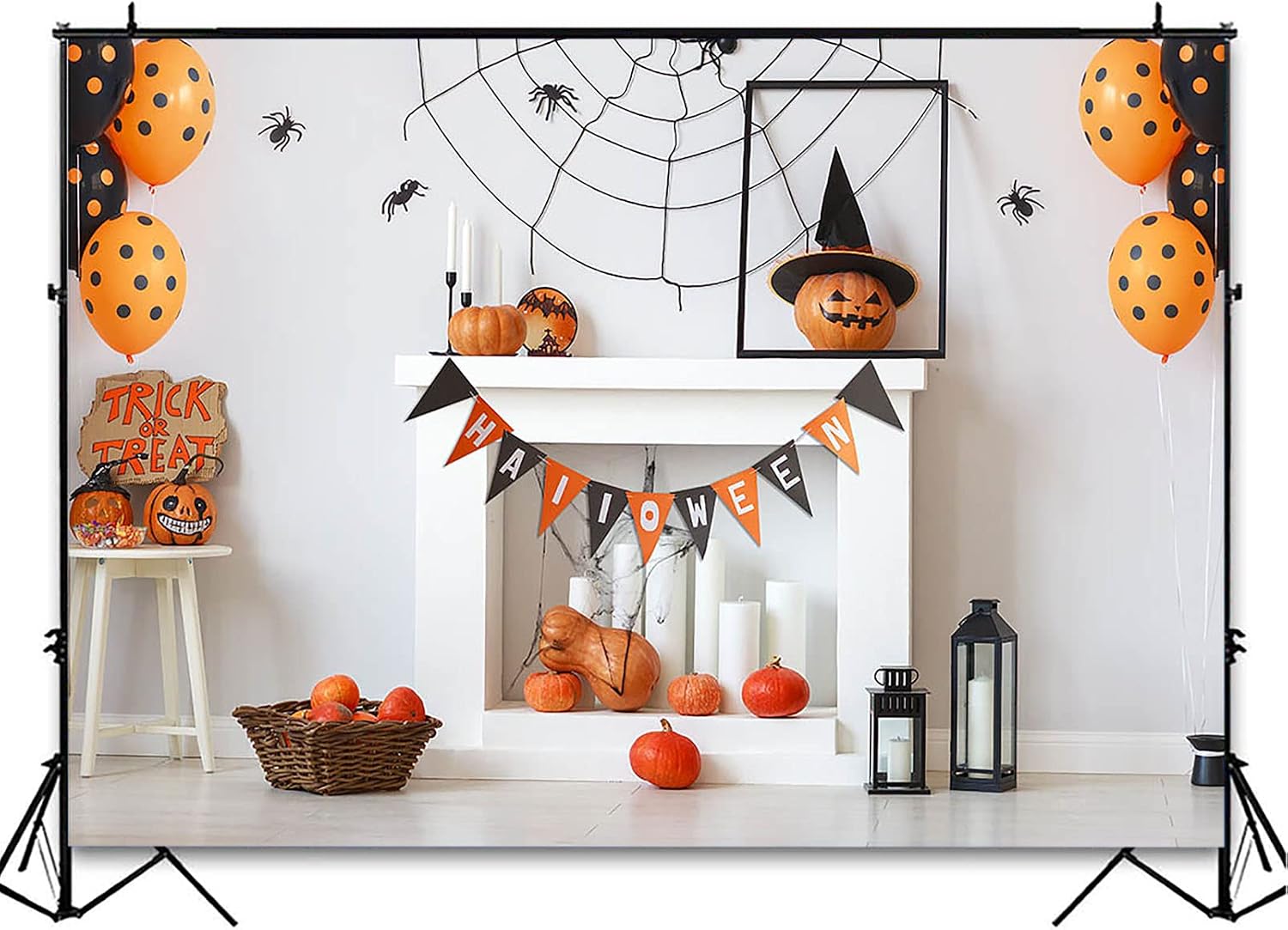 Avezano Halloween Backdrop for Photography White Wall Fireplace Trick or Treat Photo Background Autumn Fall Pumpkin Child Kids Birthday Portrait Photoshoot Backdrop Photo Studio (7x5ft)