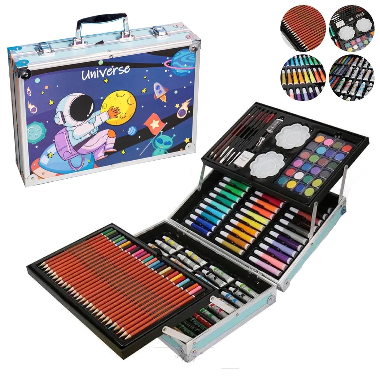 Brille Bee Space Art & Craft Painting Box, 145 Colour Kit, Professional Drawing Water Colour Pencils, Oil Pastels, Sketches & Acrylic Paint Brushes (Space)