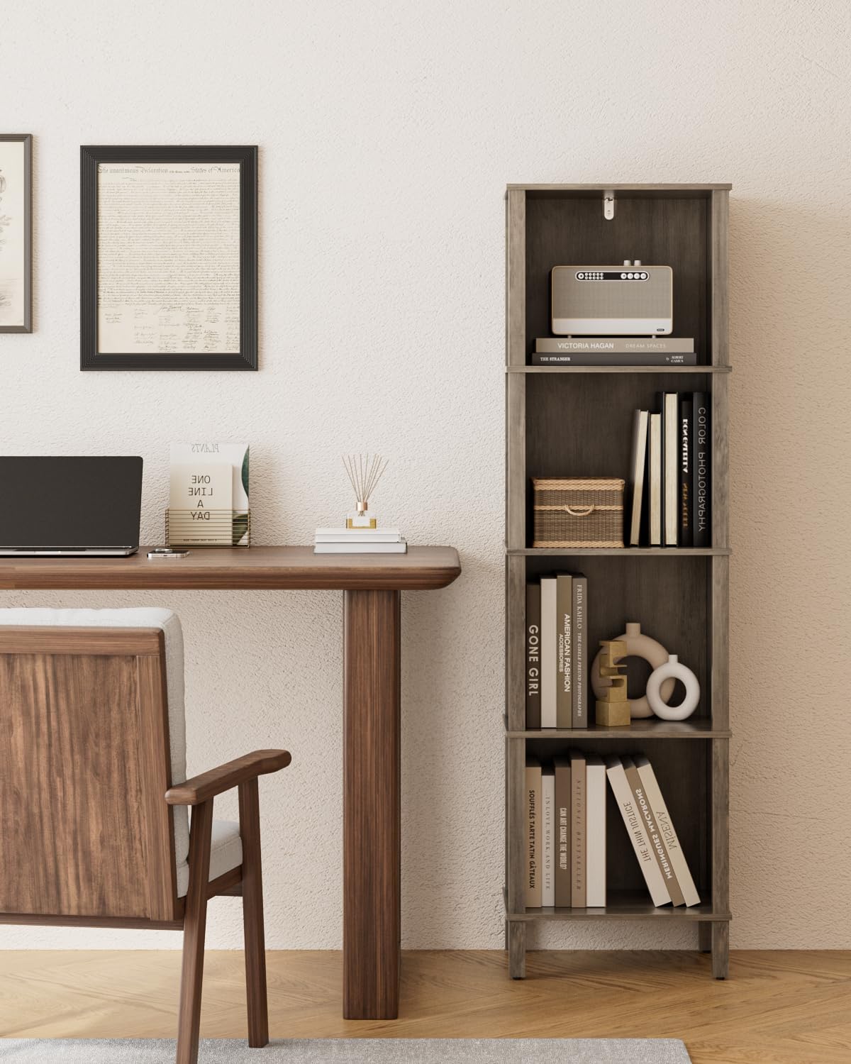 Bücherregal mit 4 Ebenen, Bücherschrank, Eckregal, Aufbewahrungsregal für Wohnzimmer, Büro und Schlafzimmer,Grau
