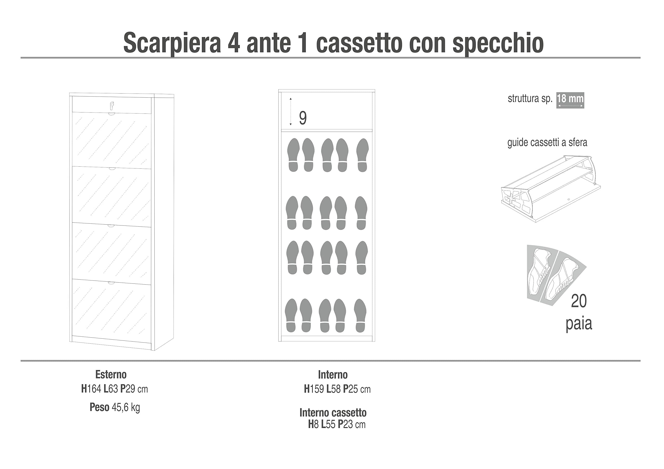 Scarpiera con specchio naturale 4 ante a ribalta e 1 Cassetto H164 L63 P29 Cm colore Bianco ossido Sk568spk