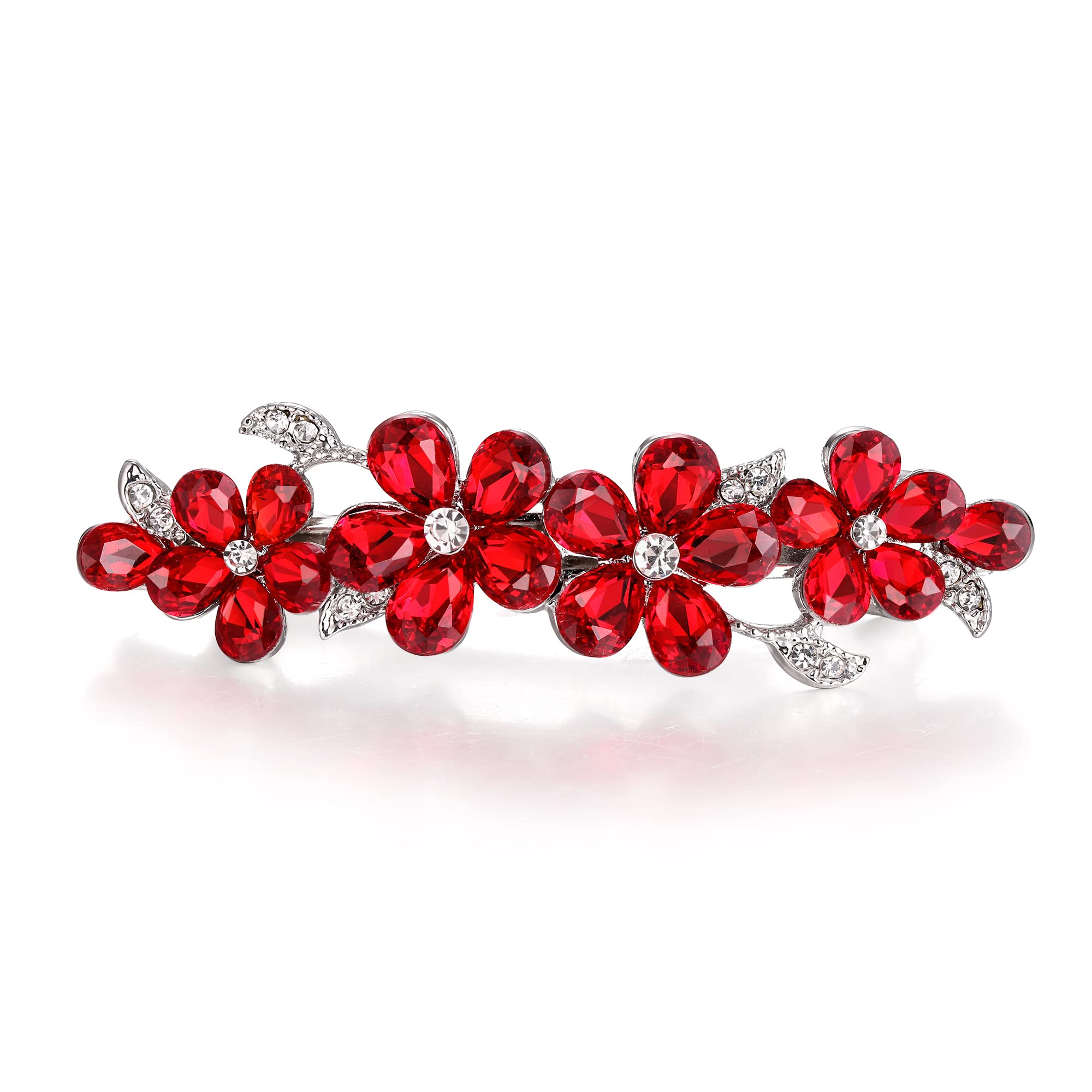 EVER FAITH Tocados de Boda Horquilla Mujer Cristal Austriaco Accesorio de Lágrima de Hoja de Flor de Ciruelo de Primavera Rojo Tono Plateado