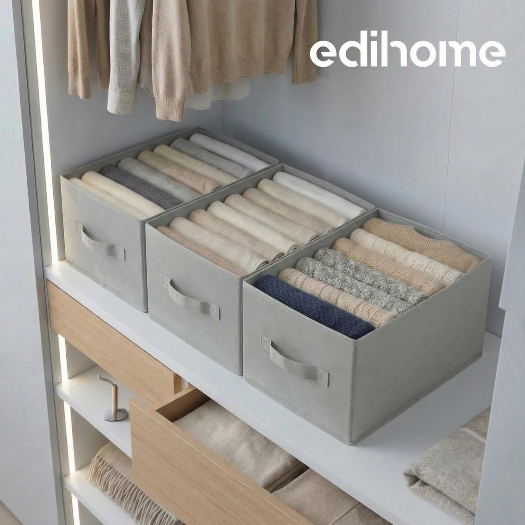 edihome, Organizador Armario, Separadores de Cajones para Camisetas y Ropa Interior, con Compartimentos, Cajas Organizadoras Armarios (Gris Claro, Pack 3-8 Compartimentos)