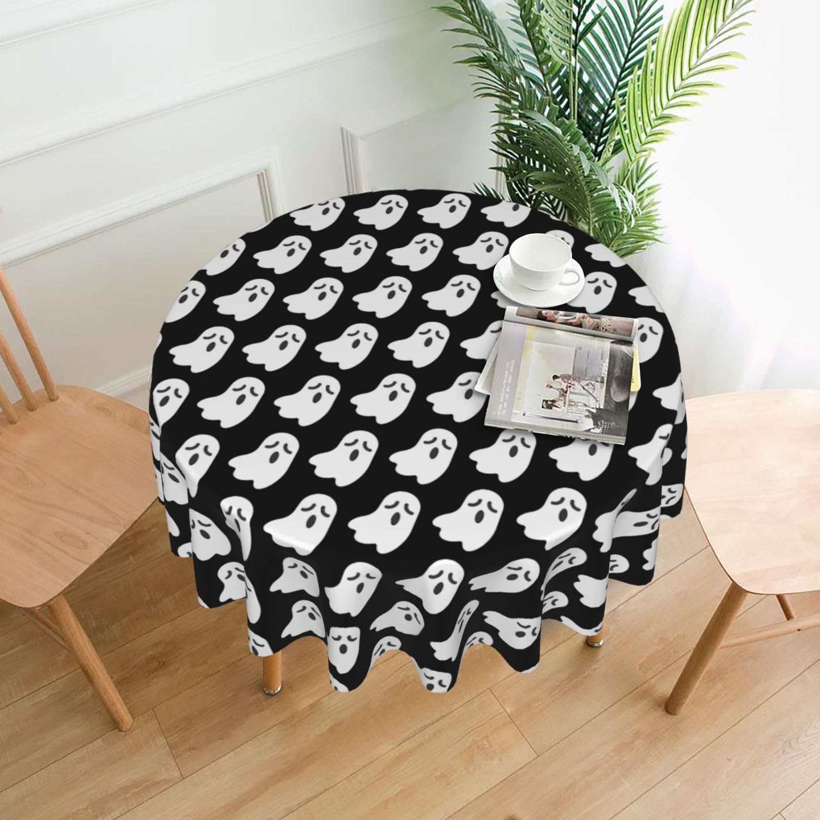 YYHHAOFA Cute Ghost Halloween Pattern Prints 60in Round Decorative Tablecloth – High-Grade Polyester Throw Cover for Dining, Parties, and Outdoor Events
