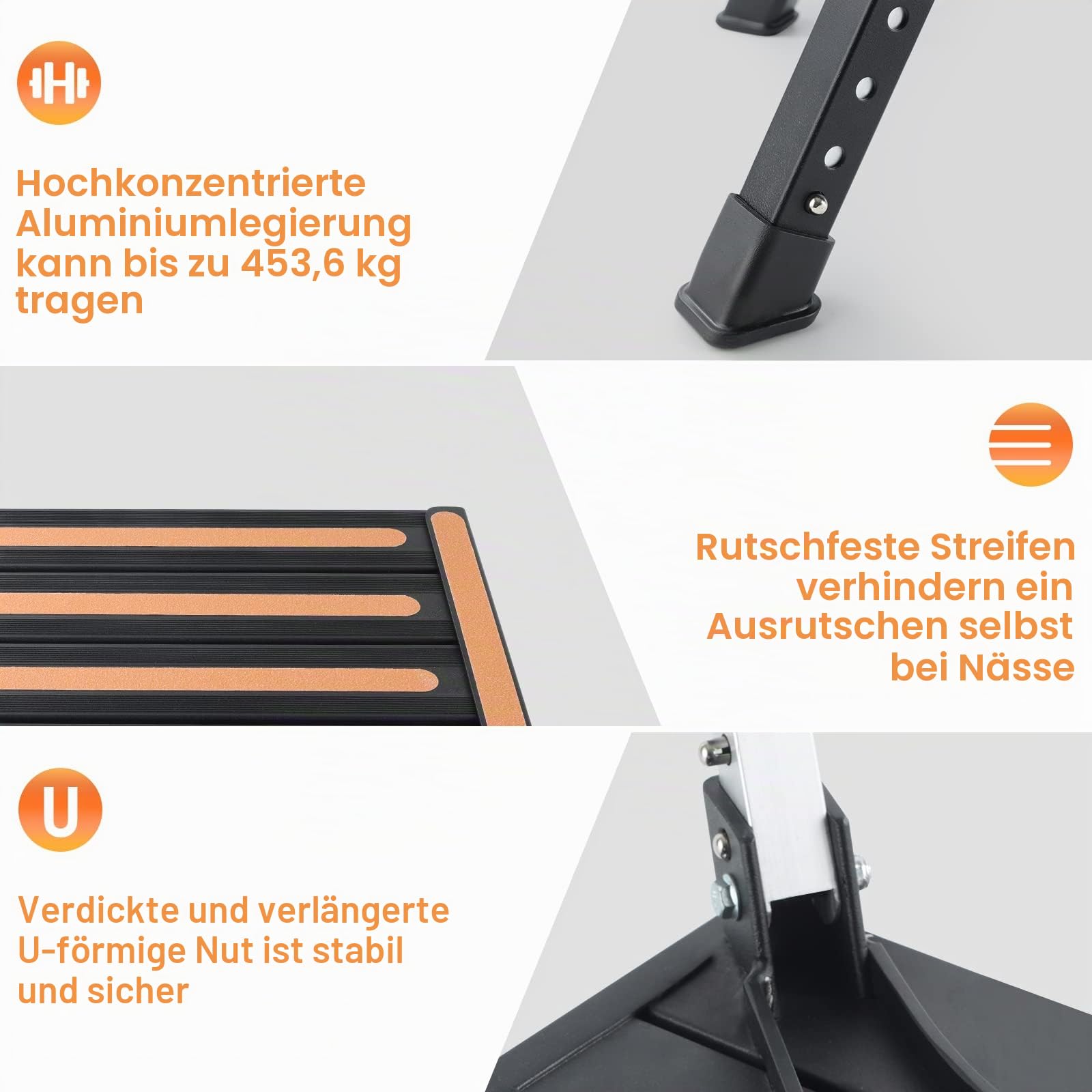 Yagud Wohnmobil-Hocker, höhenverstellbar, zusammenklappbar, mit Rutschfester Oberfläche, Gummifüßen, Griff und reflektierenden Streifen, Aluminium-Plattform-Stufe unterstützt bis zu 453 kg, Schwarz