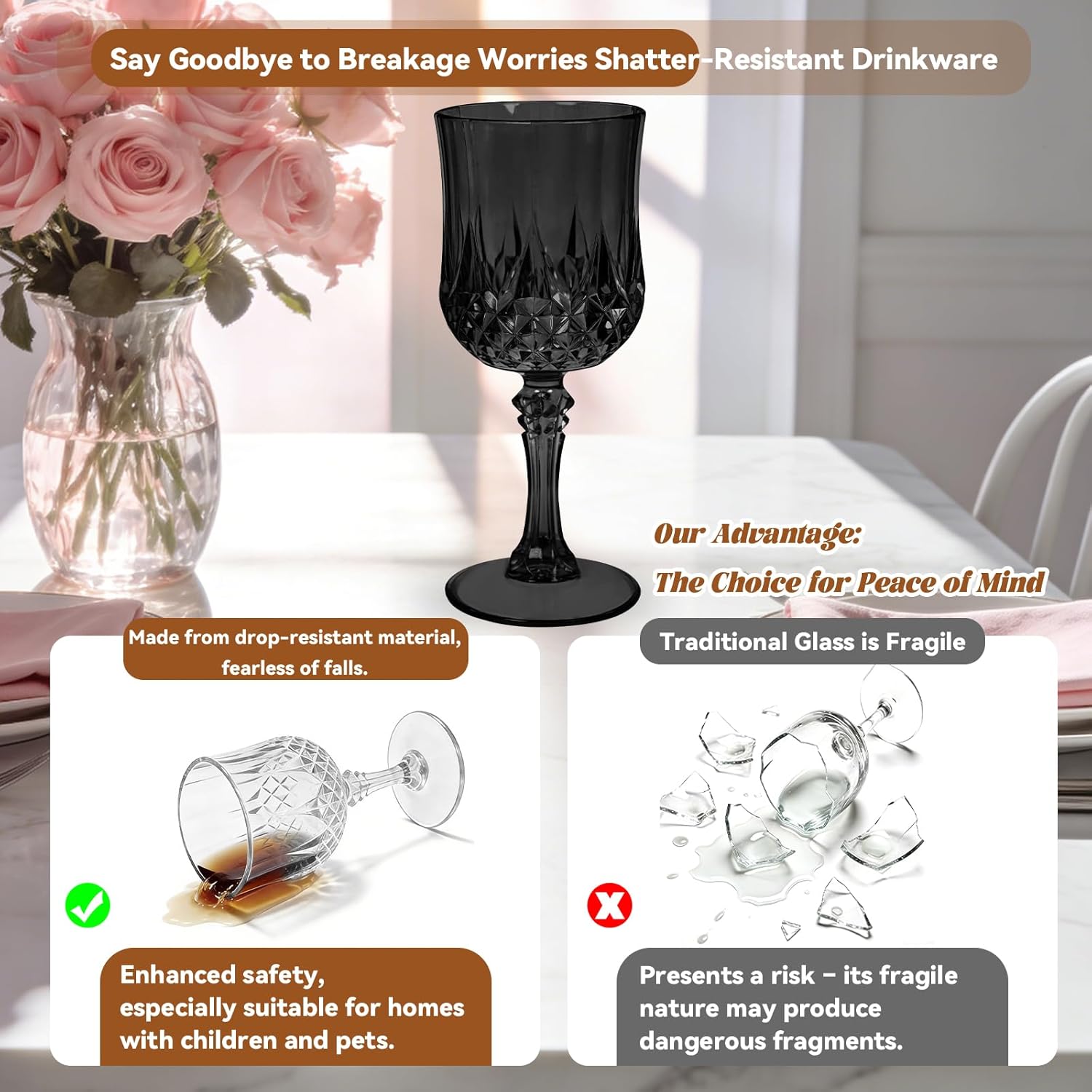 Teruntrue 24 Pcs Black Plastic Wine Glasses Vintage Wine Glass for Parties Crystal Plastic Goblets Drinking Glasses Reusable Drinkware for Wedding, Valentine’s Day, Parties, Grand Event