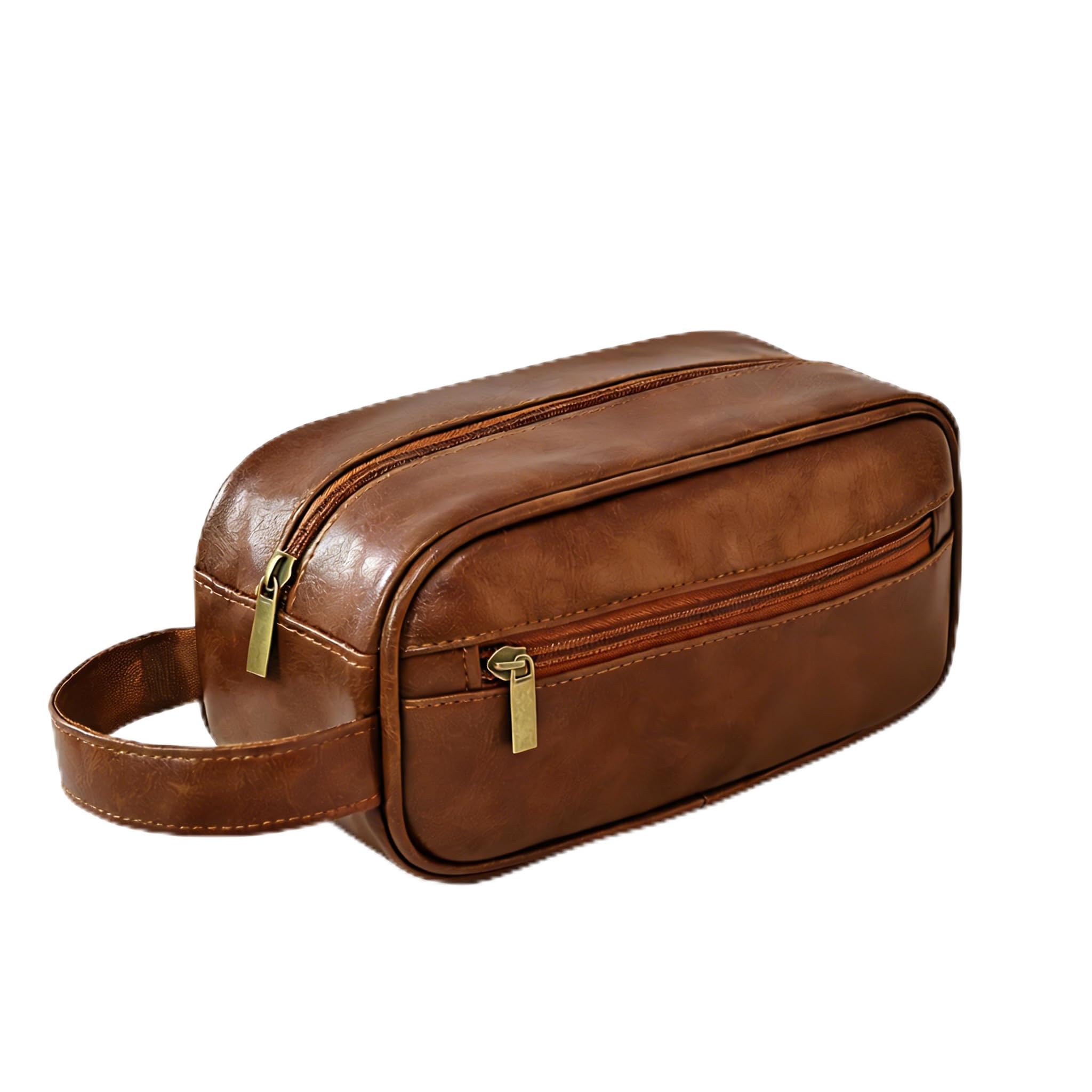 Greenfeather Bolsa de viaje de maquillaje impermeable para hombre, bolsa de aseo de viaje para regalo, bolsa de almacenamiento impermeable de gran apertura, kit de afeitado vertical, color marrón