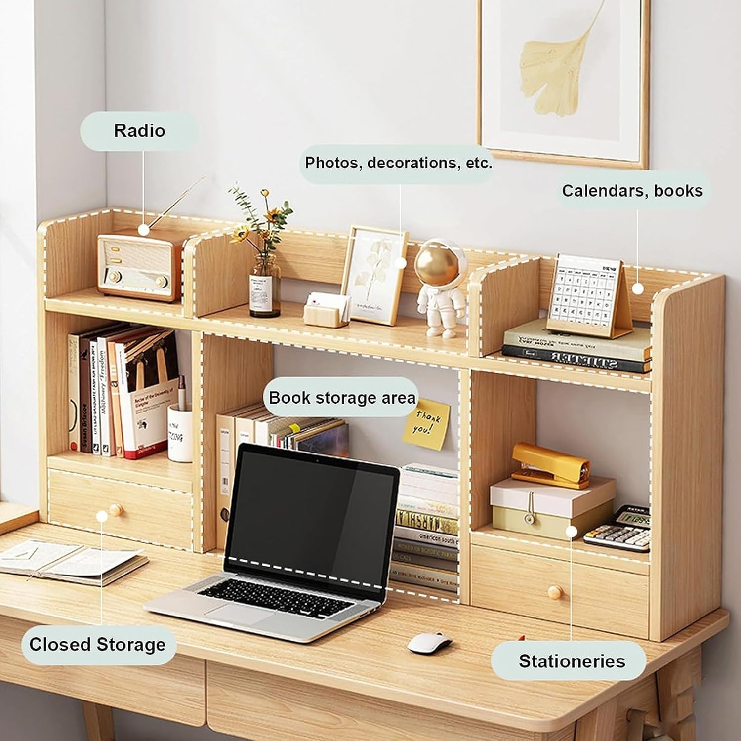 Schreibtisch-Bücherregal aus Holz mit 2 Schubladen und 5 Regalen, freistehender Schreibtischstall, stilvoller brauner Aufbewahrungs-Organizer für Zuhause, Büro, Wohnzimmer, Arbeitszimmer (Holzfarbe