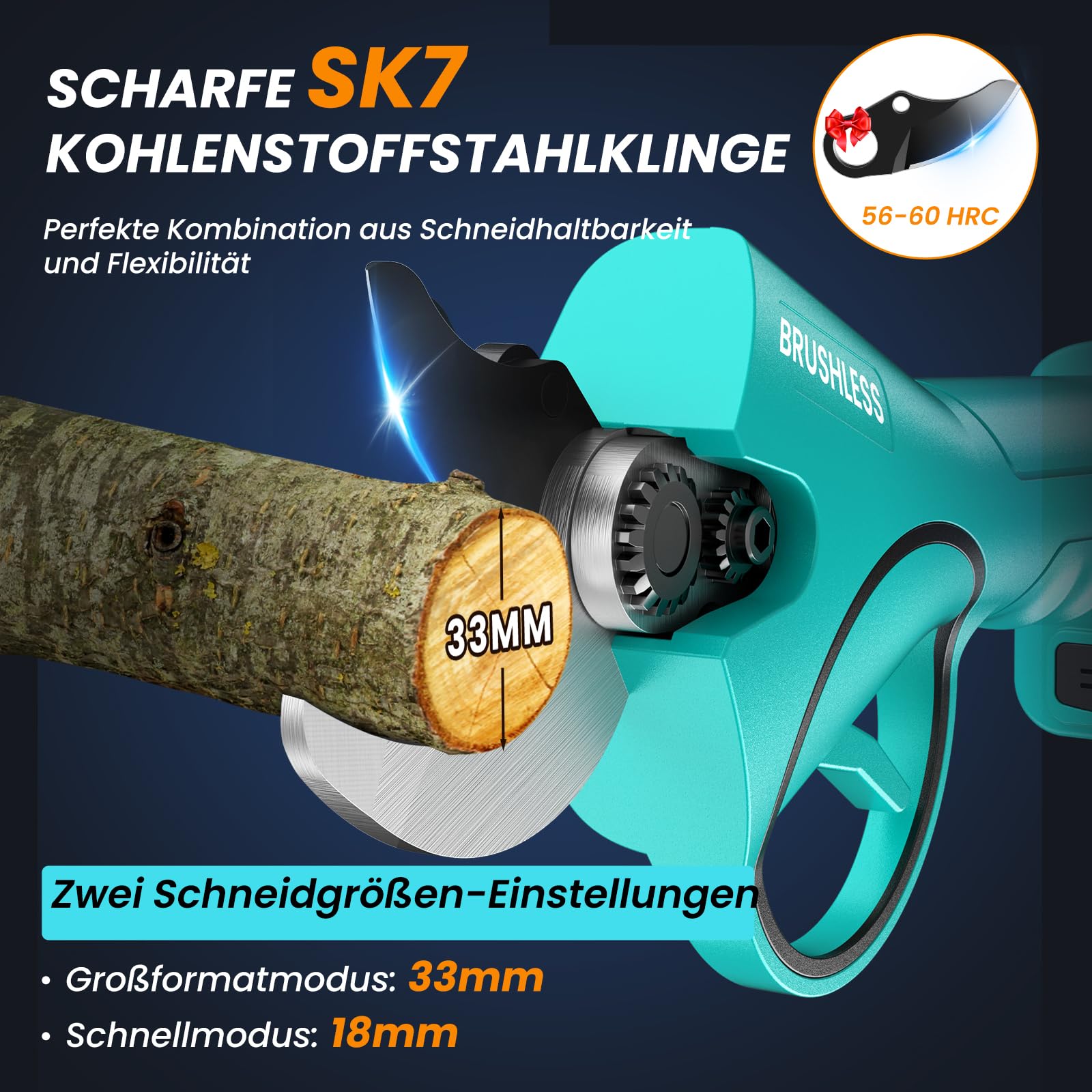 Akku Astschere 33 mm, Elektrische Gartenschere mit Bürstenloser Motor