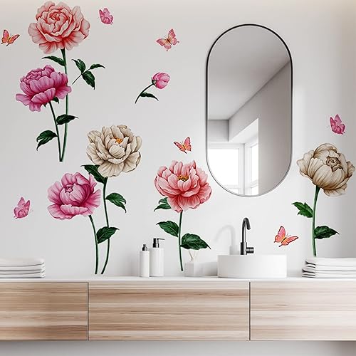 Miniatura 3 de Calcomanías de pared de rosas de peonía, calcomanías de flores, removibles para despegar y pegar, apliques florales de acuarela rosa, papel tapiz