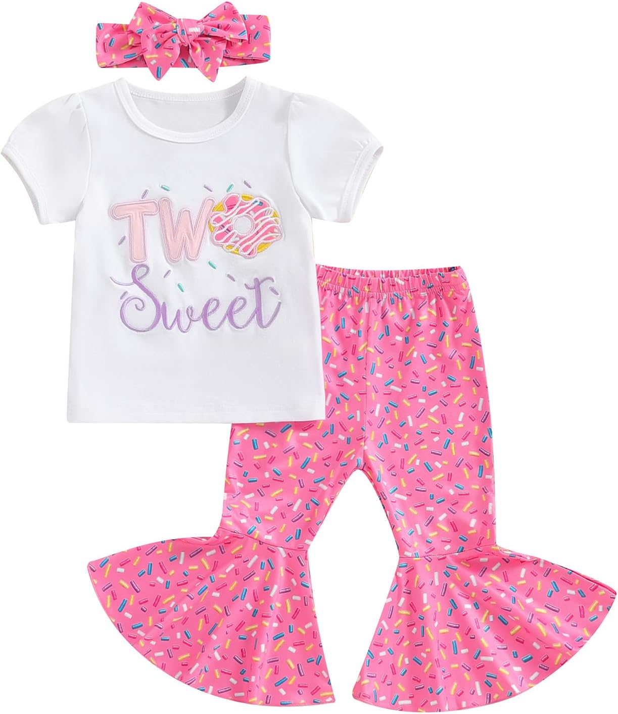 YOKJZJD 3Pcs Baby Girl 1st Birthday Outfit Sweet One Two Sweet Short Sleeve T-Shirt Tops Bell Bottom Pants Set Summer Clothes