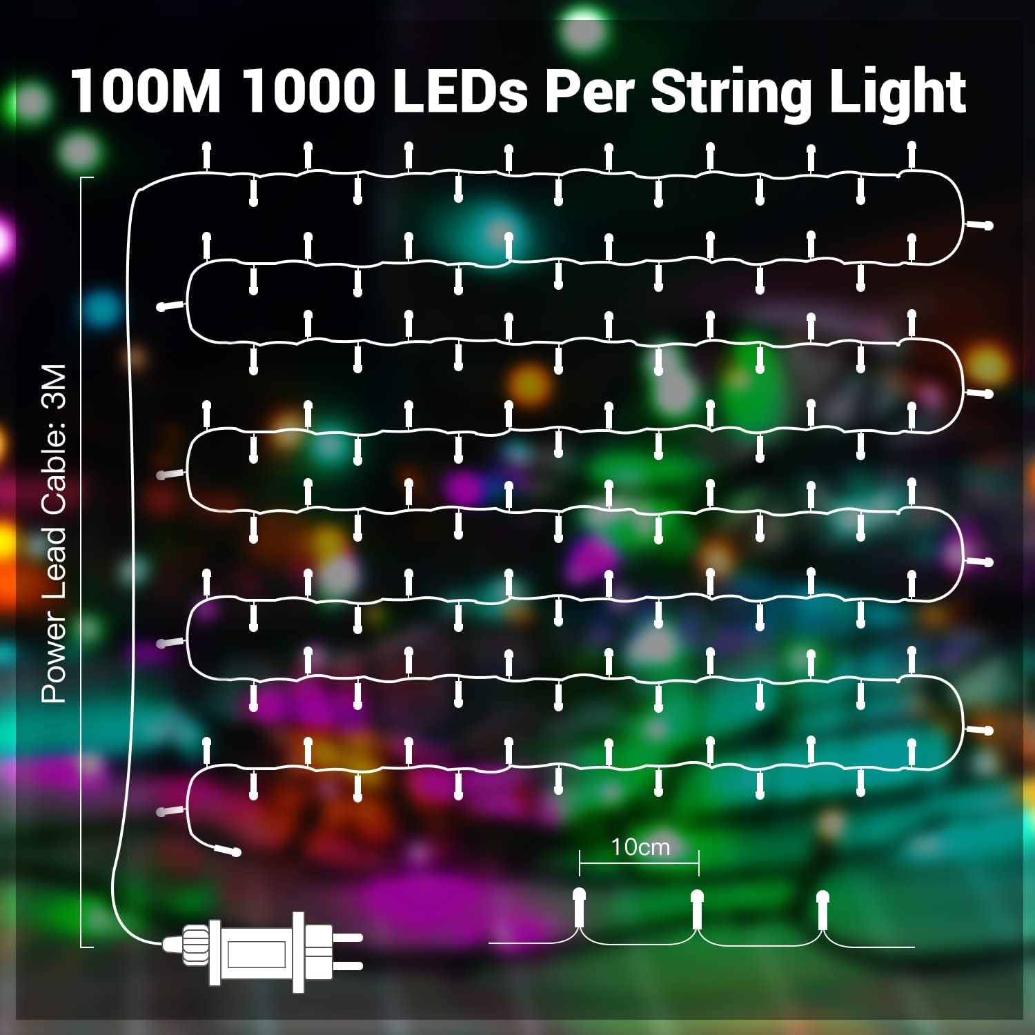 1000LED 100M Luci Natale Esterno, Stringa Luci Colorate 8 Modalità | Catena Luminosa Decorative IP44 Impermeabile per Albero Natale Giardino Interno Camere Letto Festa, Filo Verde