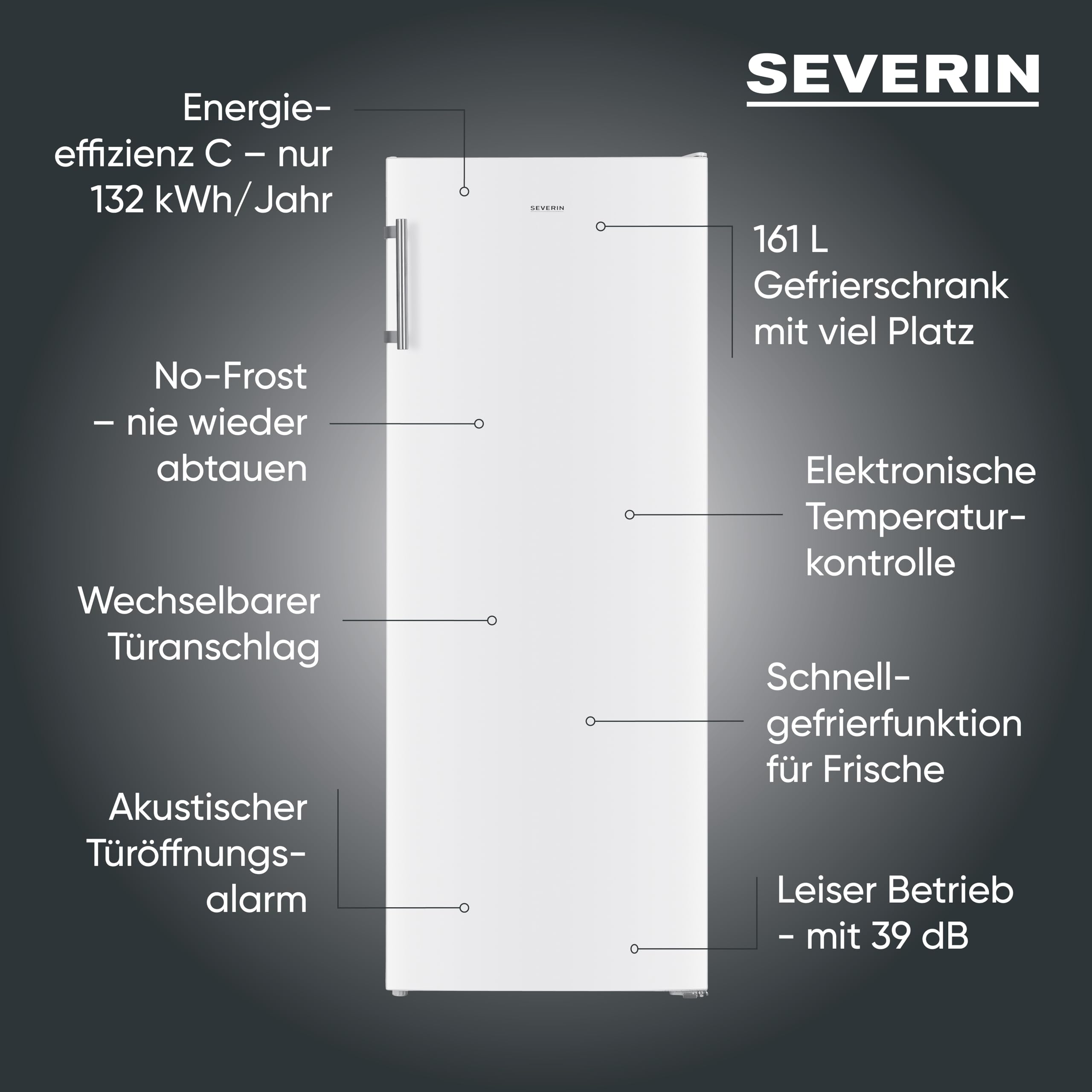 Severin Gefrierschrank mit 4 Sterne Gefrierfach, Tiefkühlschrank mit No-Frost-Technologie, Schnellgefrierfunktion, Türöffnungsalarm, 161 L Nutzinhalt, nur 39 dB, weiß, GS 8868 (EEK C)