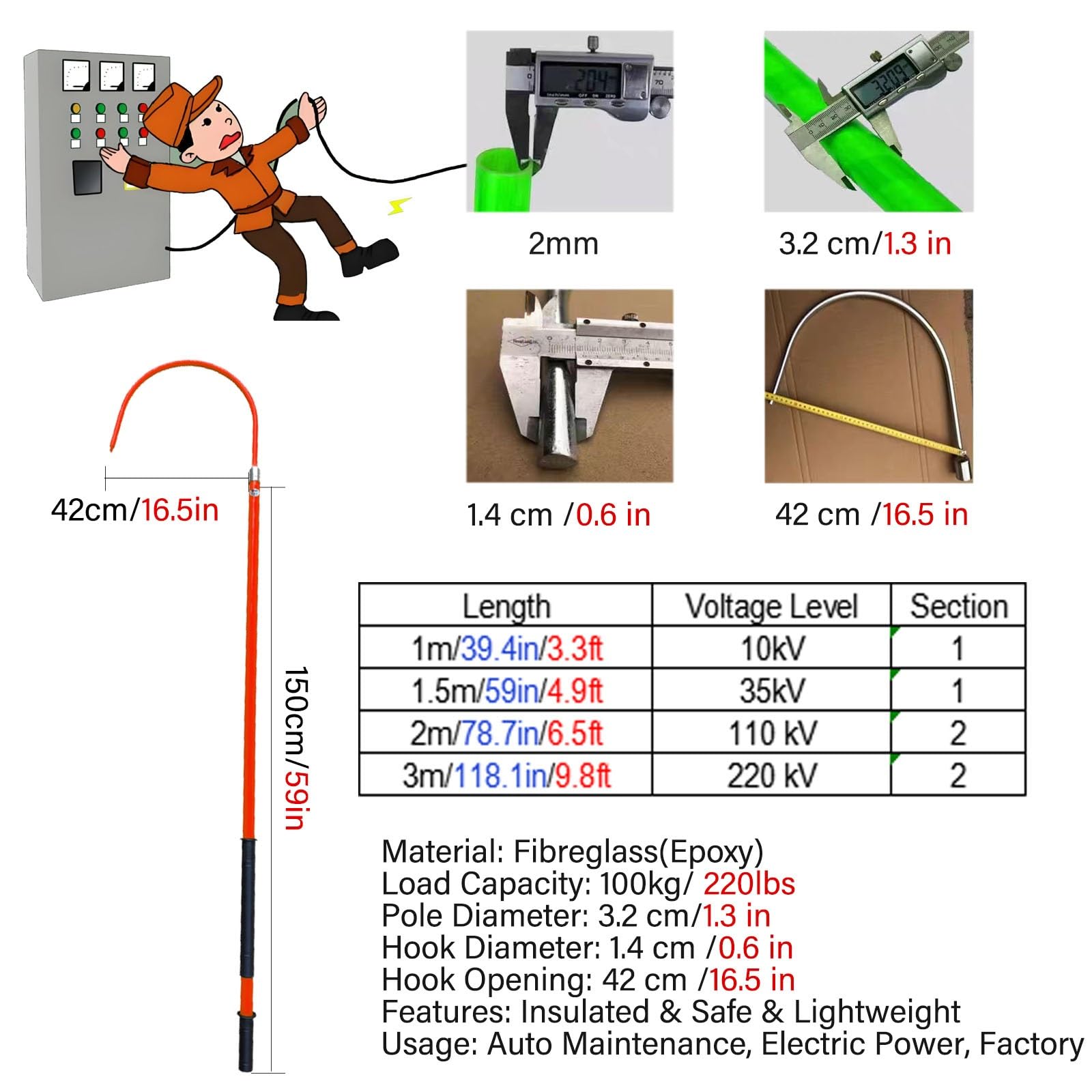 Asta di Soccorso telescopica con Gancio per Il Corpo, Strumento di Sicurezza elettrica Isolato, Asta Isolante per operazioni in Cima al palo, 300 cm