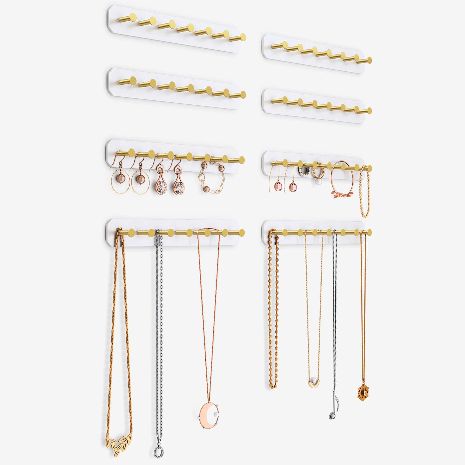 NiHome 8-Pack Wall Mount Acrylic Jewelry Storage for Necklaces, Bracelets, Earrings, Accessories, Easy Installation for Vanity, Bathroom, Kitchen (White)