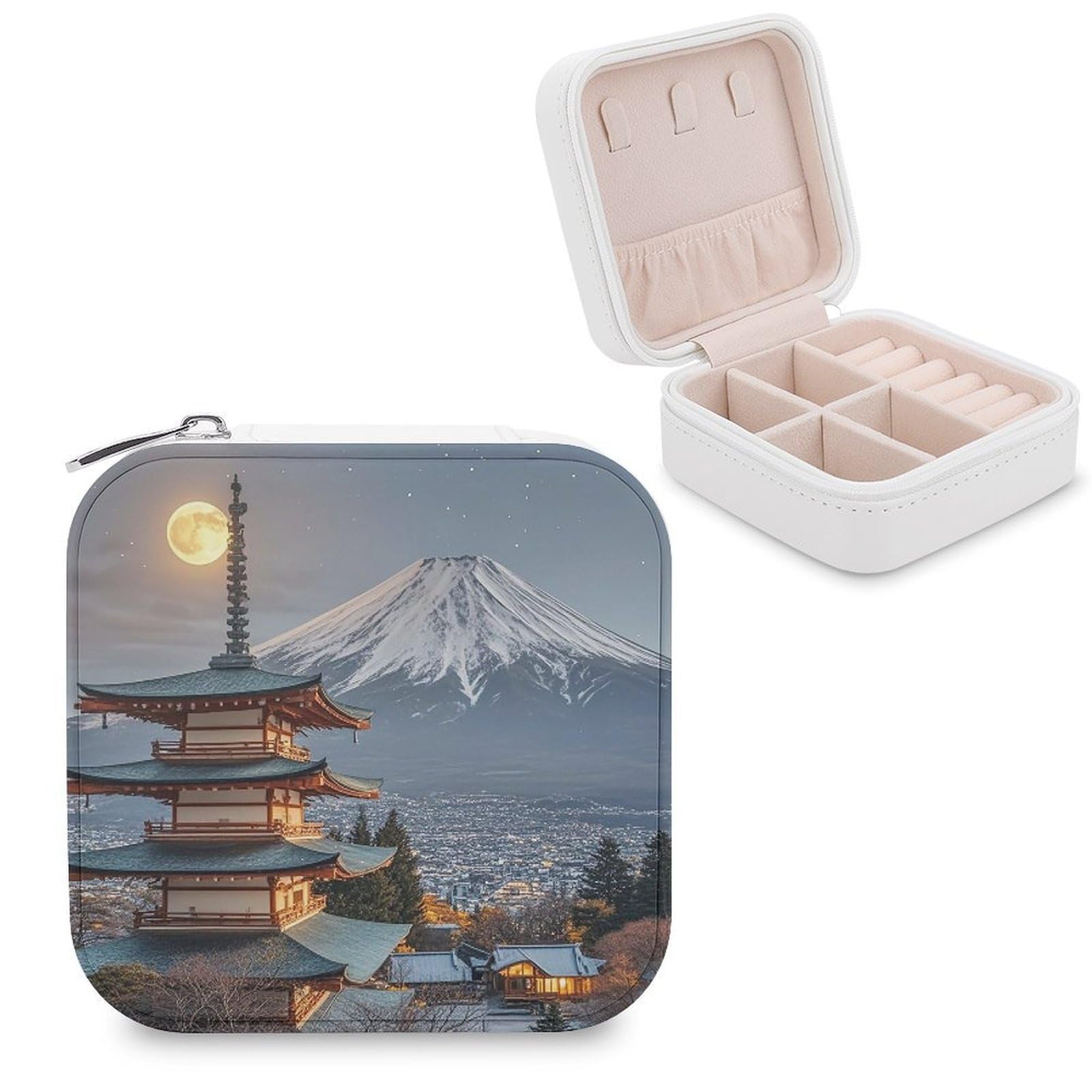 LZQPOEAS Yokohama Moon Jewelry Box Mini Jewelry Travel Case Trendy Stuff Ring Box Custom PU Leather Jewelry Boxes Portable Jewelry Case Earring Storage Organizer for Girls Women