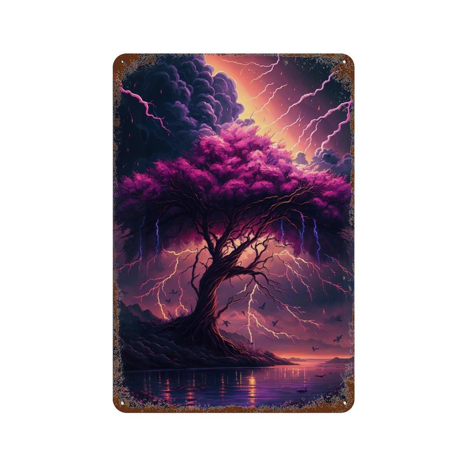 Thunderstorm Tree Landscape Vintage Metal Tin Sign 11.8"x7.9", Ideal for Shed, Workshop And Garage Wall Decor