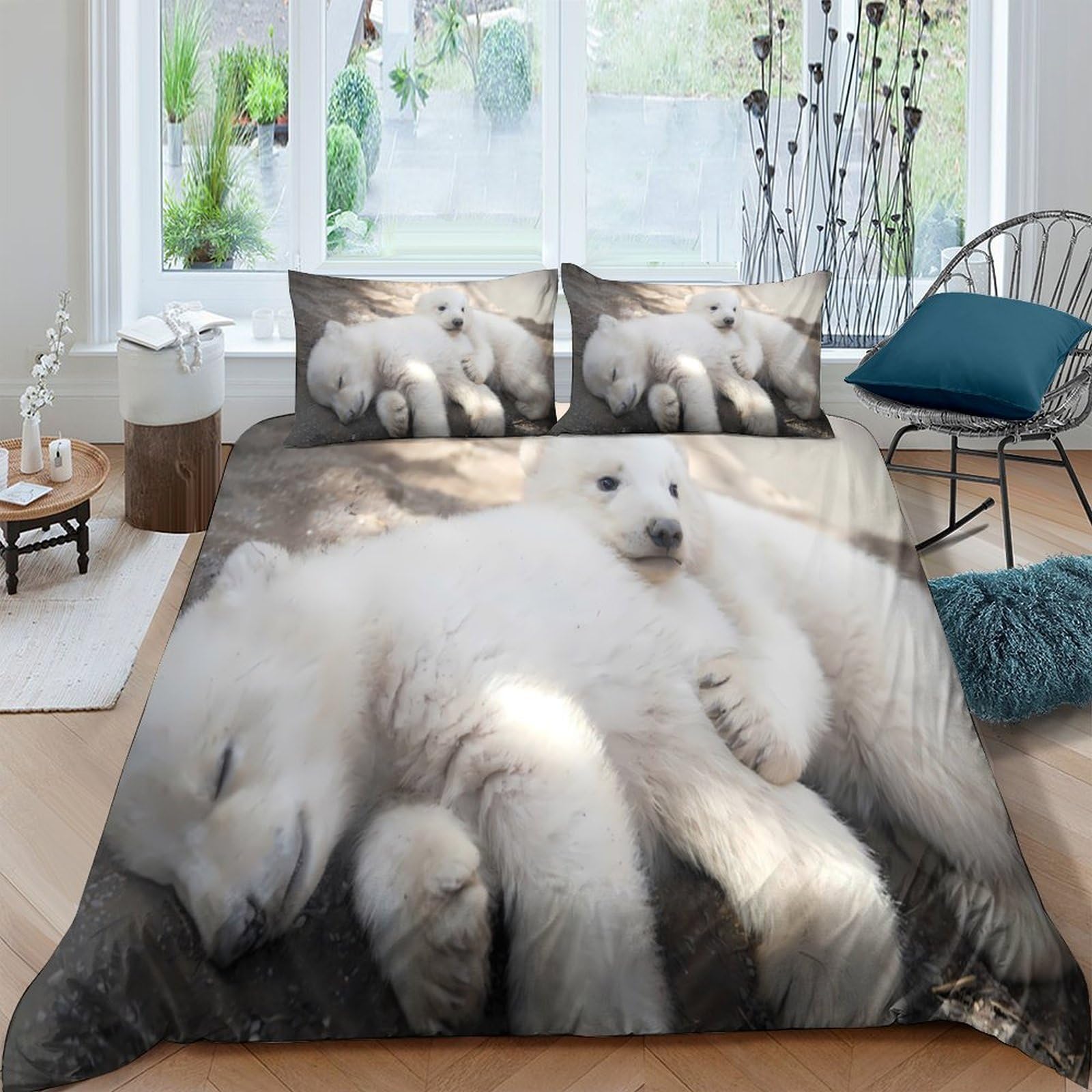 TUFRTGYHN 3D Printed Polar Bear Duvet Cover Microfiber Soft Breathable Arctic Animal Bedding Set with 2 Pillowcases for Bedroom Home Decor Single（135x200cm）