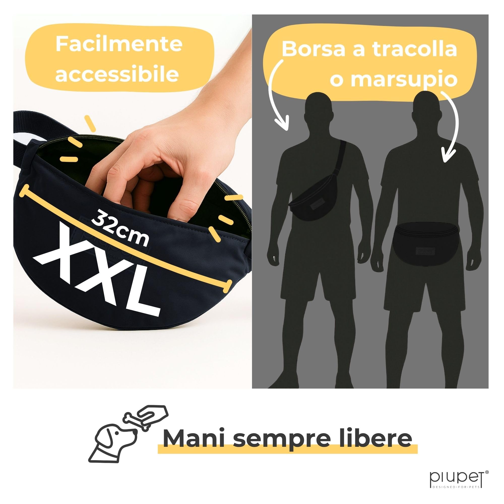 PiuPet® Borsa per Cani I Borsa per Cani Elegante e Impermeabile con 3 Scomparti con Cerniera I Marsupio 2 in 1 per l'addestramento del Cane e Borsa a Tracolla I con Tasca Interna Rimovibile (Nero)