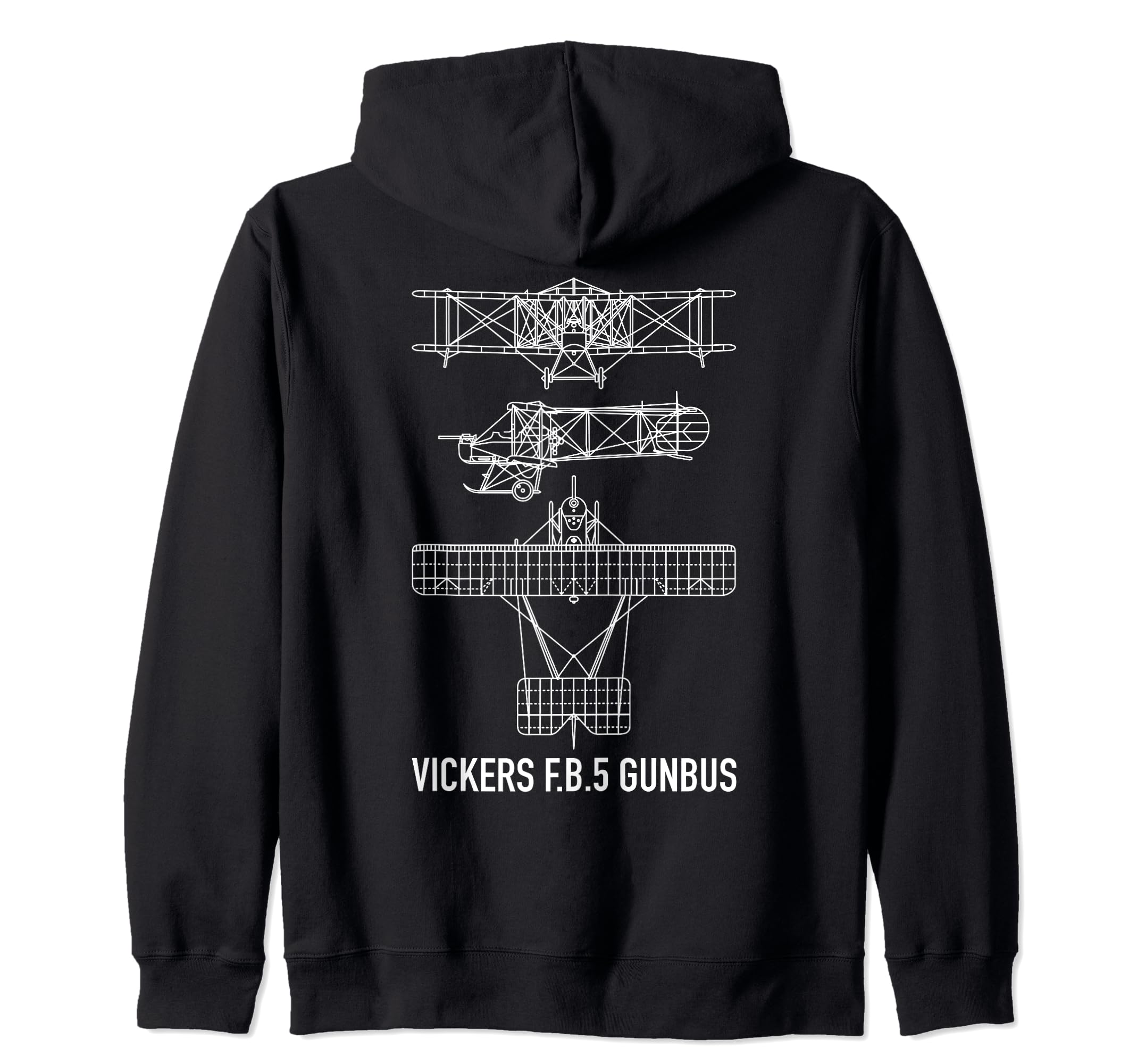 Vickers F.B.5 Fighting Biplane 5 Gunbus Blueprint Diagram Zip Hoodie, Black - Image 2