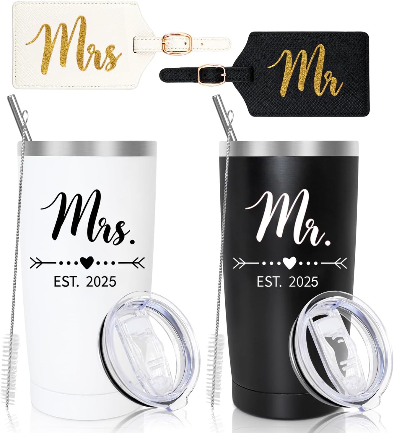 DHQH Personalized Mr and Mrs EST 2025 Gift Stainless Steel Travel Tumbler & Leather Luggage Tag Set – Wedding Gifts for Couples 2025 Perfect Newlywed, Engagemen and Bridal Shower Gifts