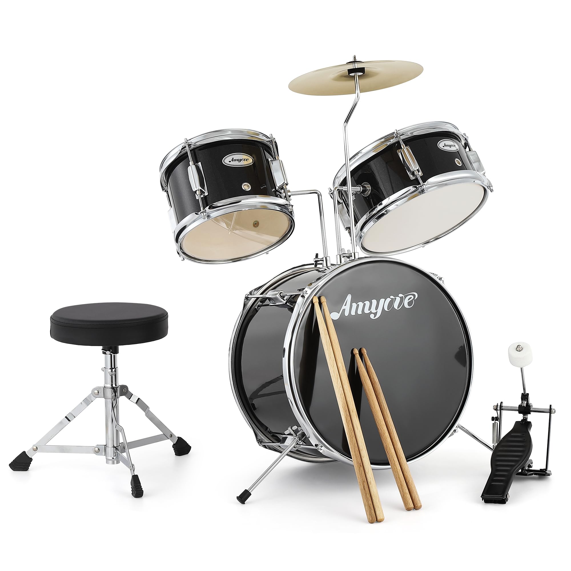 3-teiliges Schlagzeug-Set für Kinder – komplettes Musik-Set mit Bassdrum, Trommel, Tom, 10 Zoll (25,4 cm) Becken, Drumsticks, Hocker, Pedal – perfekt für Anfänger, Geschenk für Jungen und