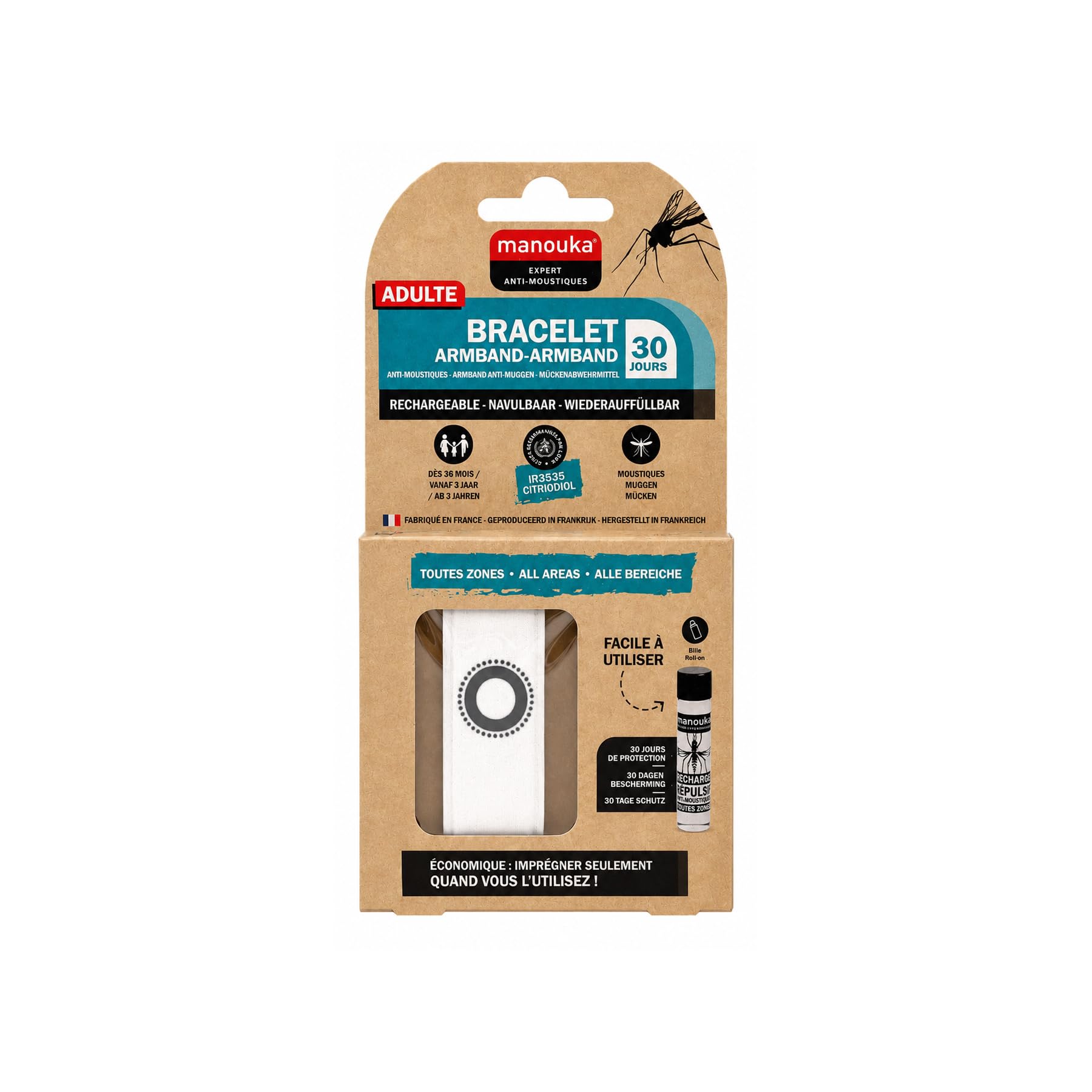 MANOUKA BRACELETS ANTI-​MOUSTIQUES Ados & Adultes | Rechargeable | Protection 6h | Jusqu'à 30 Jours d'Utilisation | Moustique Tigre | Dès 36 Mois (Blanc)