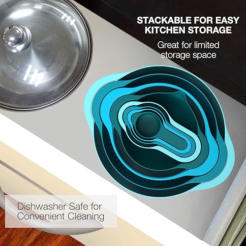 Miniatura 3 de Juego de 8 tazones de mezcla de plástico para anidar, accesorios de cocina para apartamentos que ahorran espacio, incluye tazas medidoras, colador