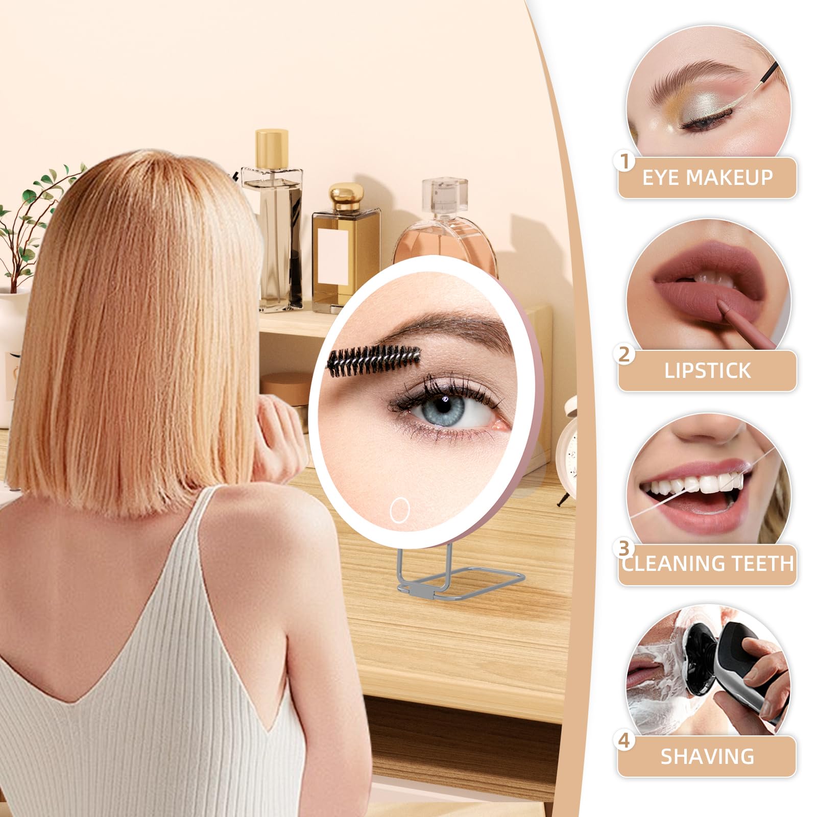 Espejo de aumento con luz 20X, espejo de maquillaje de viaje con aumento, luz regulable de 3 colores para maquillaje, grande de 15 cm, recargable, con pinzas y tijeras
