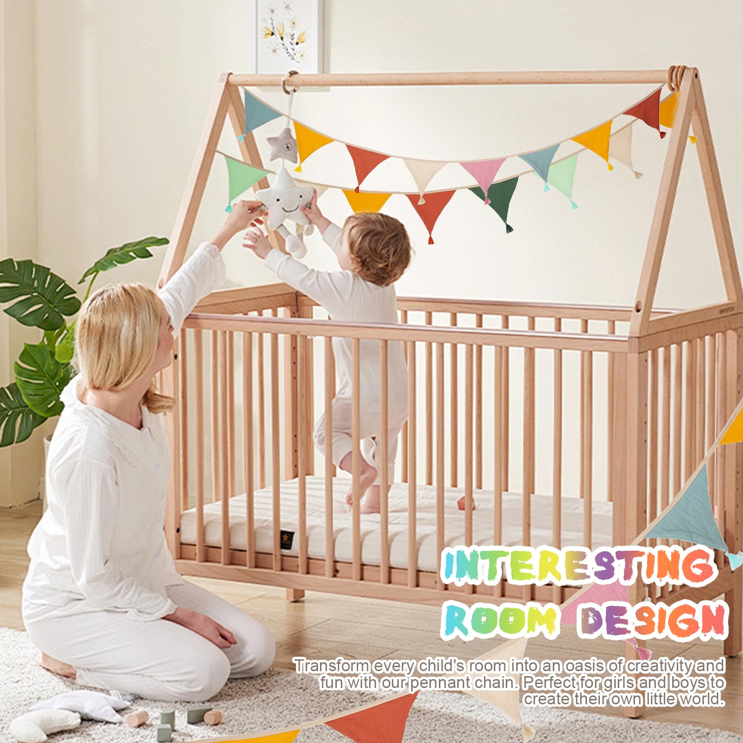 Dncvb 2Pcs Cotton Bunting 2.6m Fabric Bunting Double Sided,Triangle Garland Fabric Banner 100% Organic Cotton Pennant for Vintage Themed Wedding Afternoon Tea Garden Party - Image 3