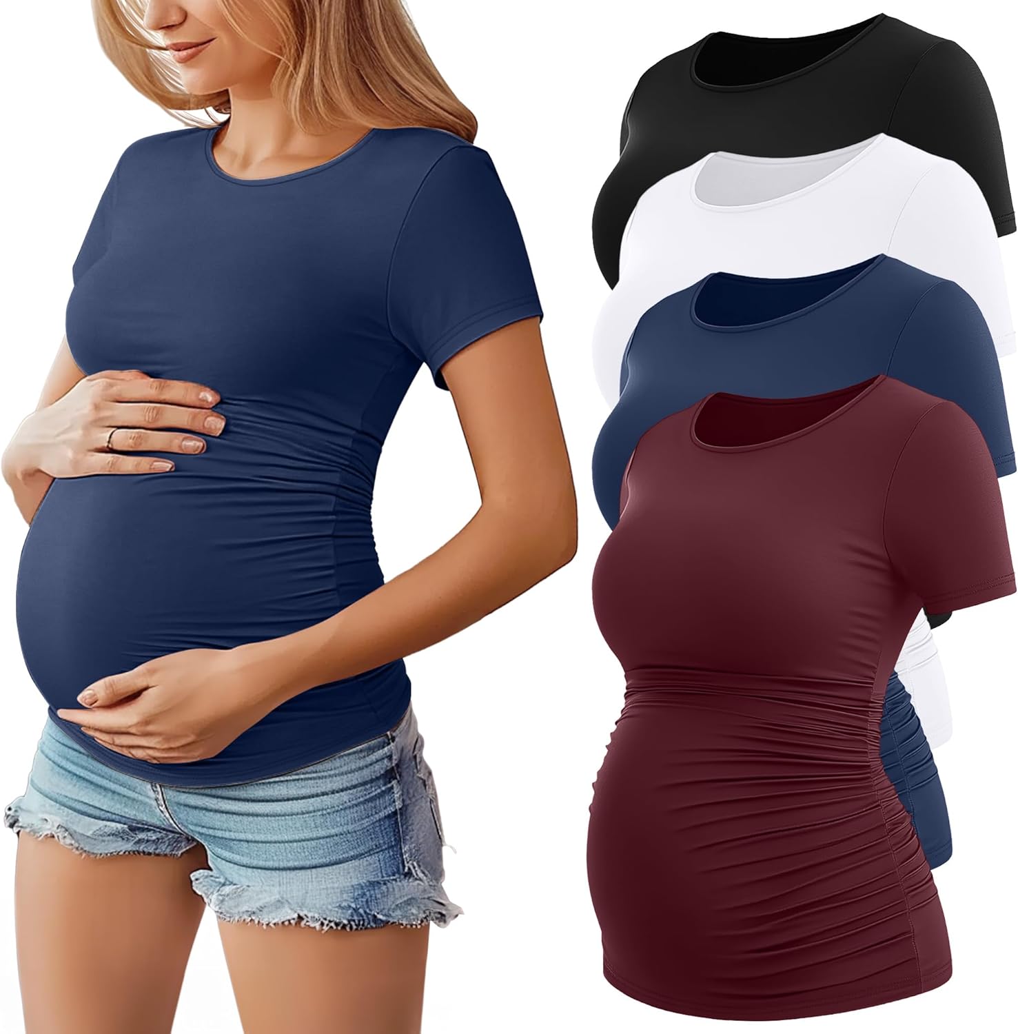 Huukeay 4 Pack Women’s Maternity Shirts, Crew Neck Maternity Top Short Sleeve Casual Cotton Tee Side Ruched Pregnancy Clothes