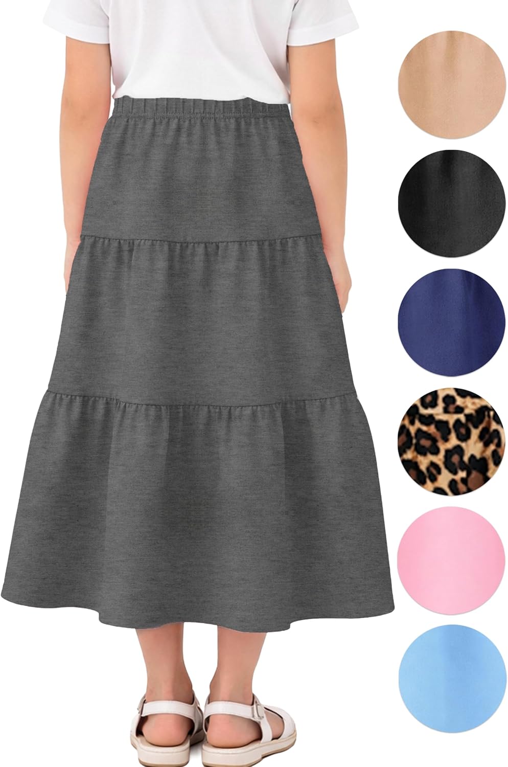 Girls Skirt Maxi Long Skirts Tiered Flowy Skirt for Teen Girls Elastic Waist Modest Soft Comfortable 2T-16
