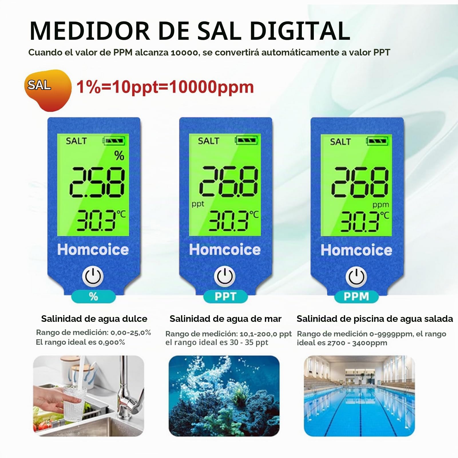 Medidor pH Chloro Piscina 7 en 1, Tester PH Cloro Salinidad ORP TDS EC Temperatura, Test Calidad Agua de alta precisión con función ATC para piscinas, agua potable, acuario, hidroponía