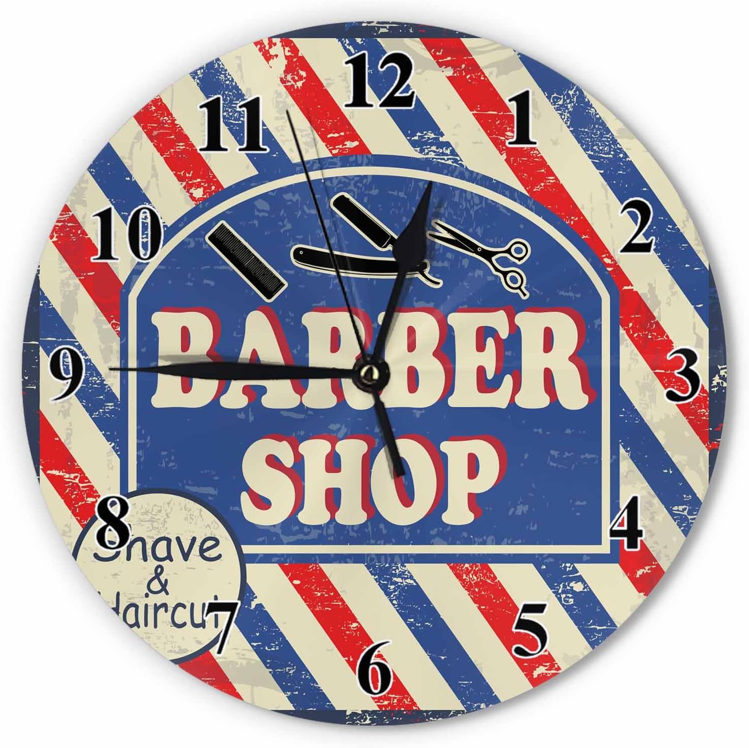 Barber Shop Round Wall Clock Quartz Silent 10 Inch, Barbershop,Advertising,Haircut,Scissors,Combs Battery Operated Rustic Clock Decorative for Home/Office/School Classroom Outdoor