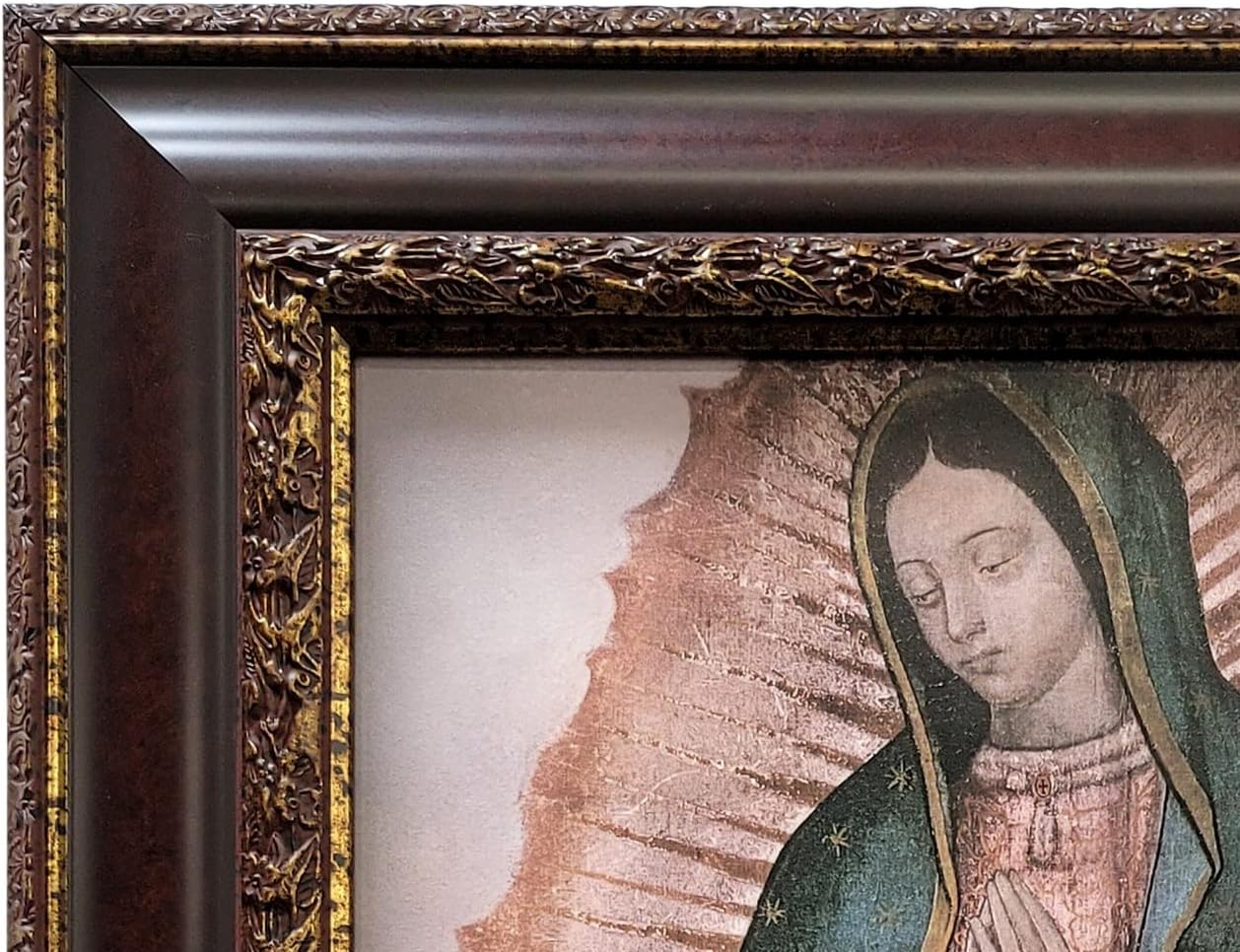 Mom’s Art Studio - Virgen de Guadalupe Wall Decor 37.5 X 26 Inches, Virgin Mary Print, Museum Look Art Frame, Artist’s Acrylic Coating, Wall Art for Home Decor (Small, Brown Gold)