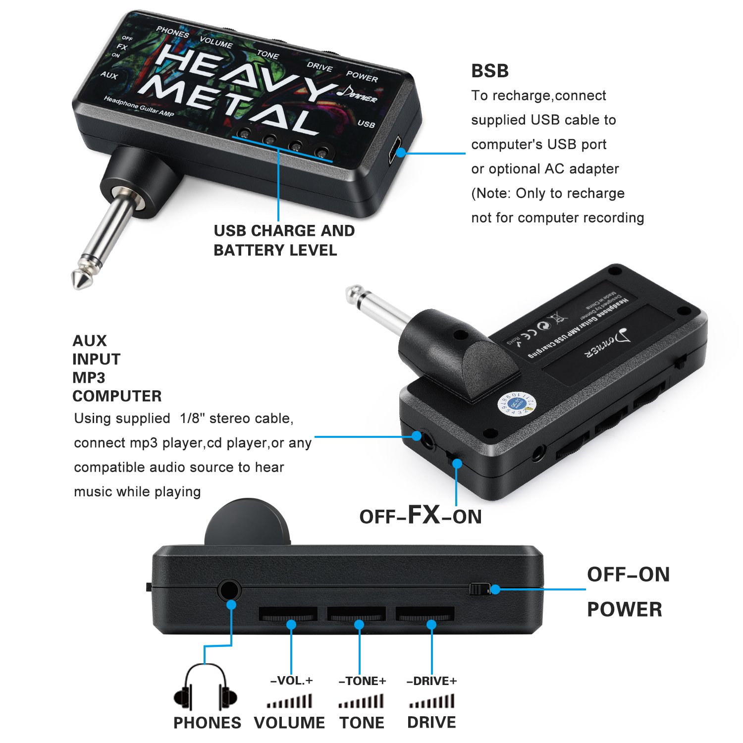 Donner Guitar Headphone Amp Heavy Metal USB Ricaricabile Mini Amplificatore Cuffia Tascabile per Chitarra Elettrica