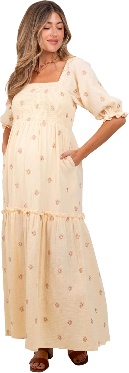 PinkBlush Floral Smocked Puff Sleeve Maternity Maxi Dress