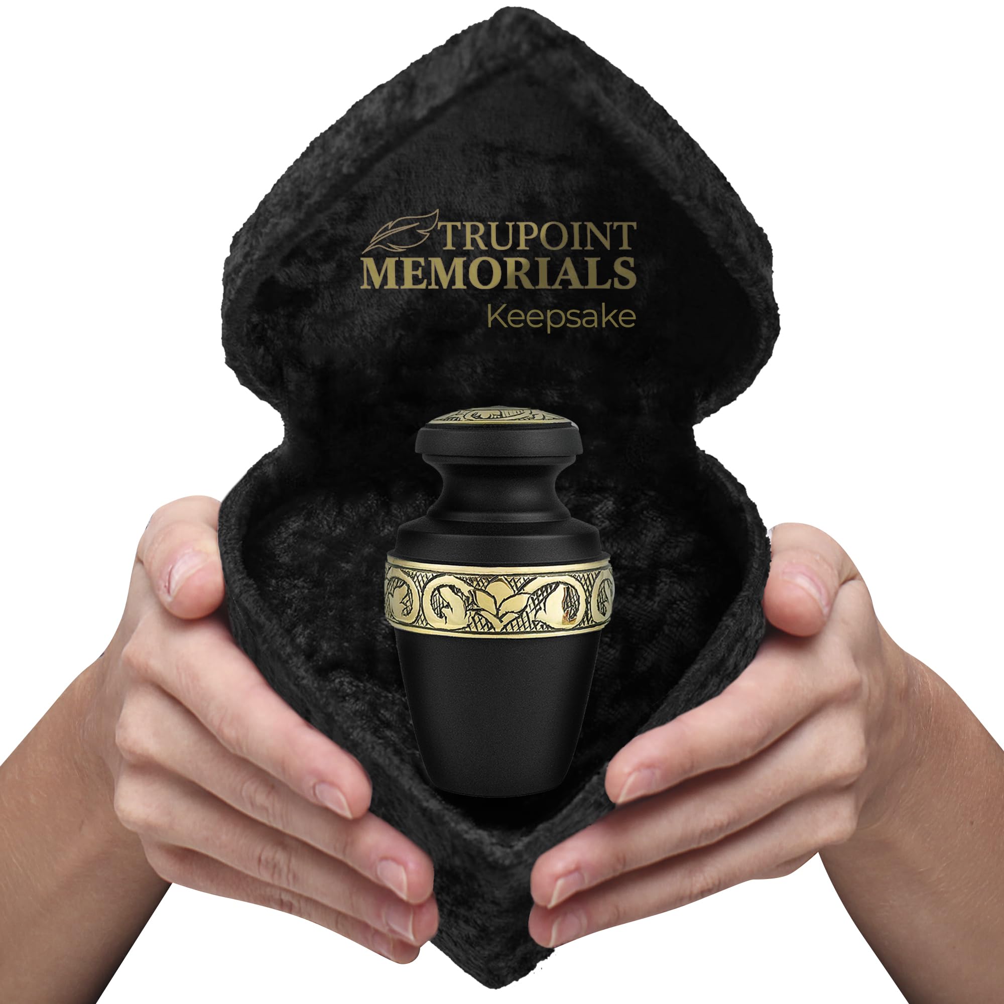 Trupoint Memorials Small Urns for Human Ashes Keepsake, Decorative Mini Cremation Urn for Adult Men and Women, Small Grecian Black with Velvet Heart Box