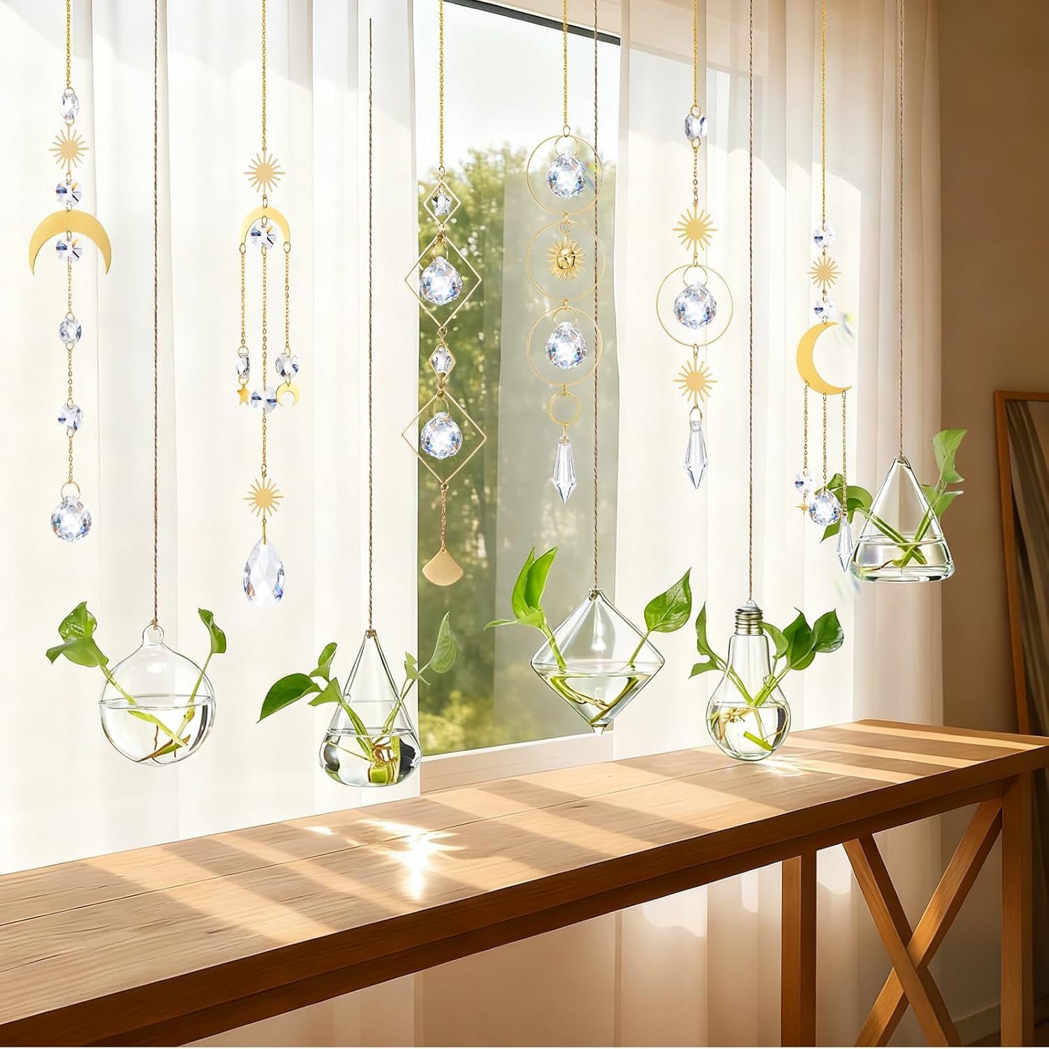 Mumufy 11 Pcs Crystals Suncatcher and Hanging Glass Planter Terrariums Set Geometric Wall Vases Moon Star Crystals Prism Hanging Decor for Windows Home Wedding Decoration