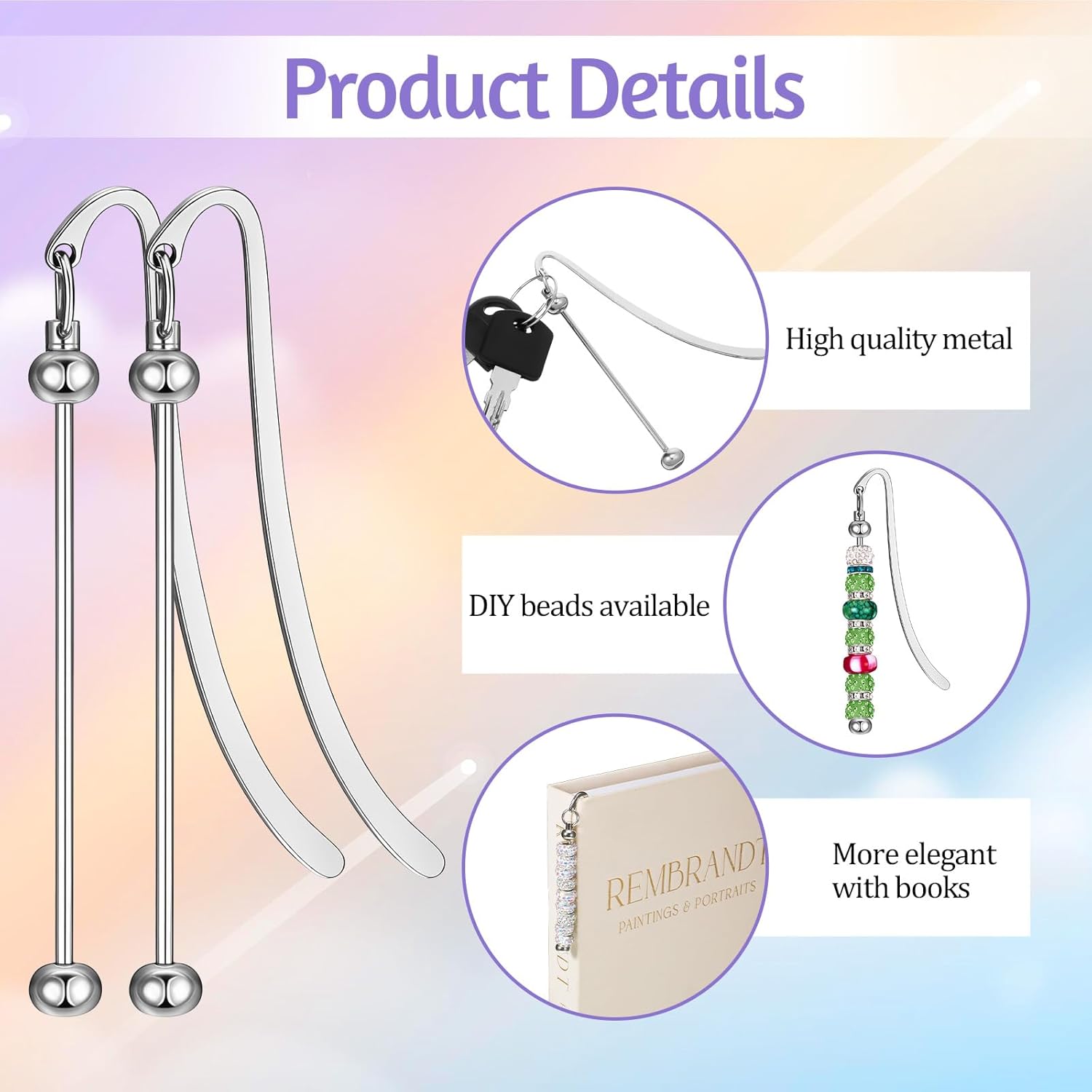 Prasacco 24 Pcs Beadable Bookmarks, Metal Blank DIY Bookmarks for Beads DIY Bookmark Craft Jewelry Pendant Charm for Book Lovers, Bookworms, Students, Teachers, Office Supplies (Silver) - Image 3