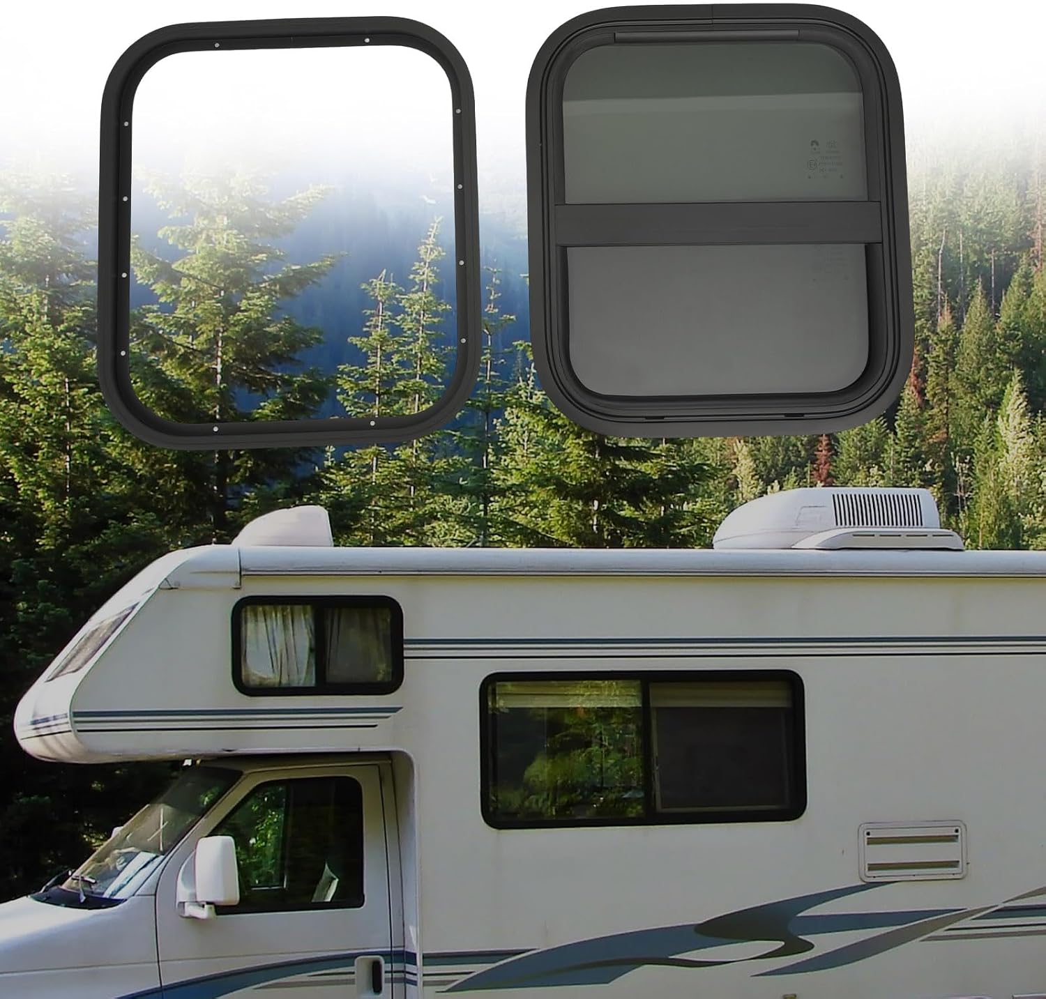 RV Exit Window, 14” W X 16” H Tinted Sliding Camper Window with Trim Ring RV Door Window Replacement, Horizontal RV Emergency Exit Window for Camper Van Trailer Motorhom